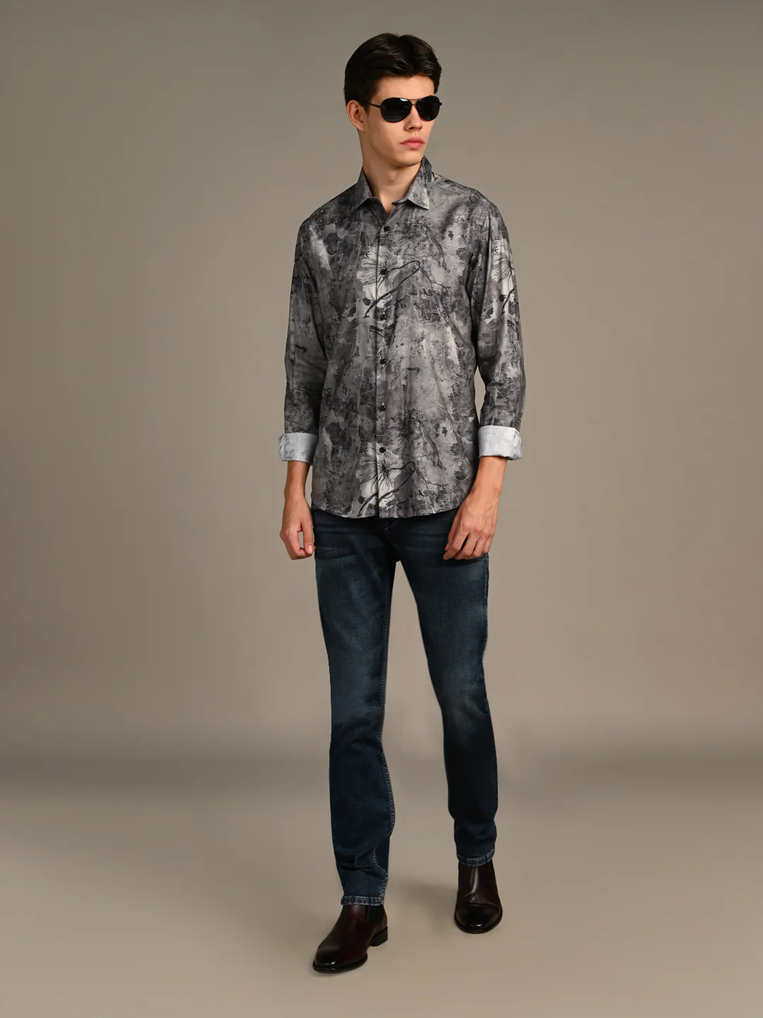 Full Sleeves Slim Fit Charcoal All-Over Grunge Floral Print Shirt - Image 3