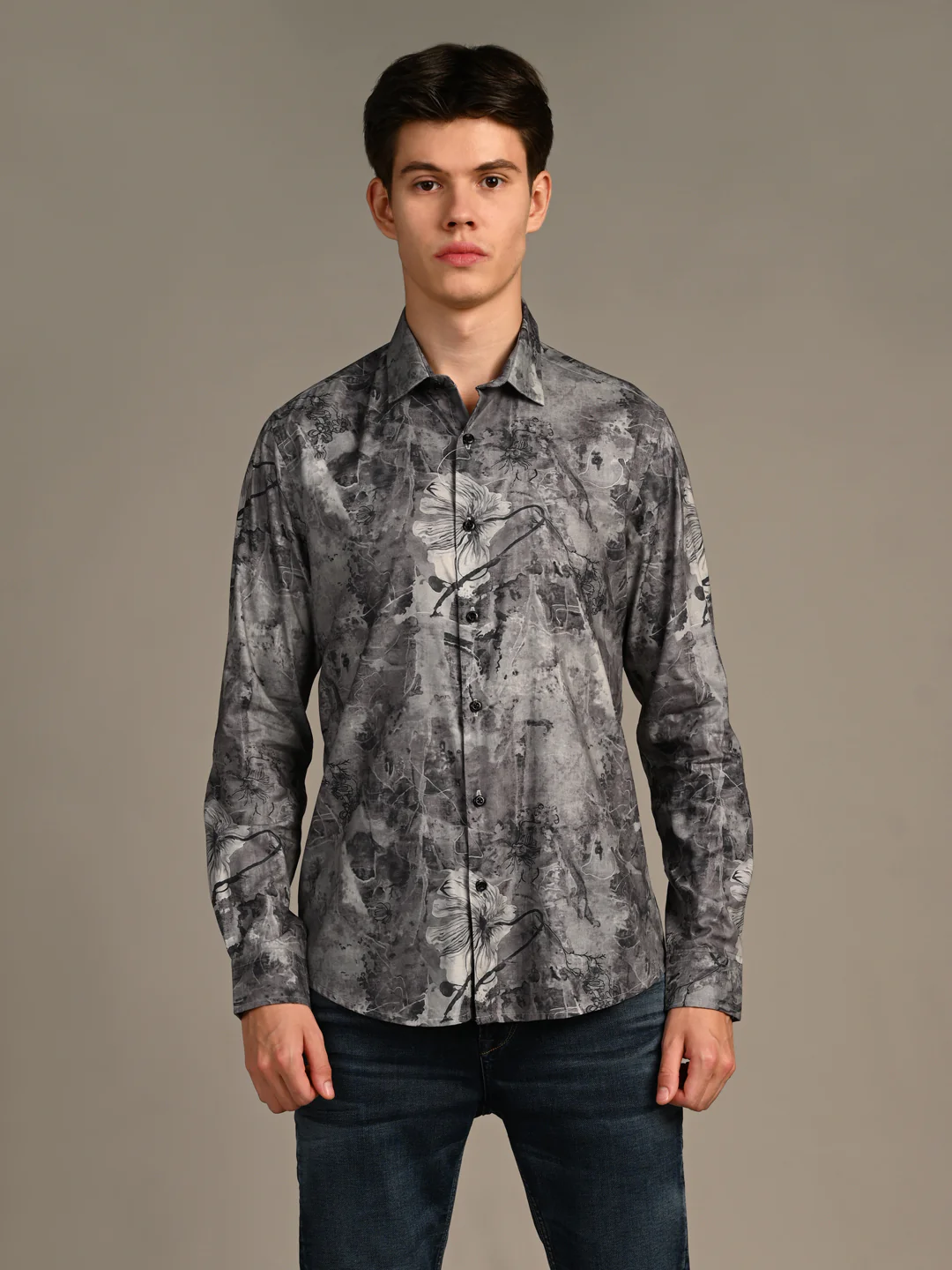 Full Sleeves Slim Fit Charcoal All-Over Grunge Floral Print Shirt - Image 4