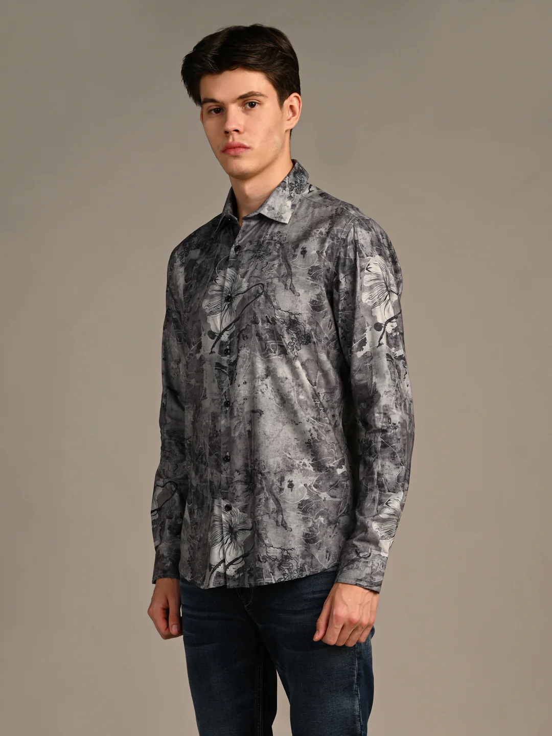 Full Sleeves Slim Fit Charcoal All-Over Grunge Floral Print Shirt - Image 6