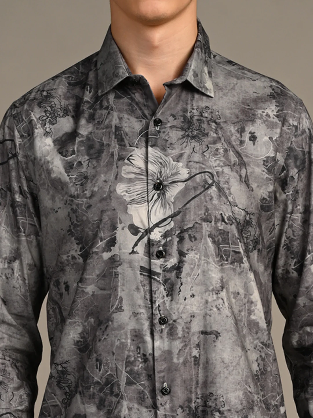 Full Sleeves Slim Fit Charcoal All-Over Grunge Floral Print Shirt - Image 8