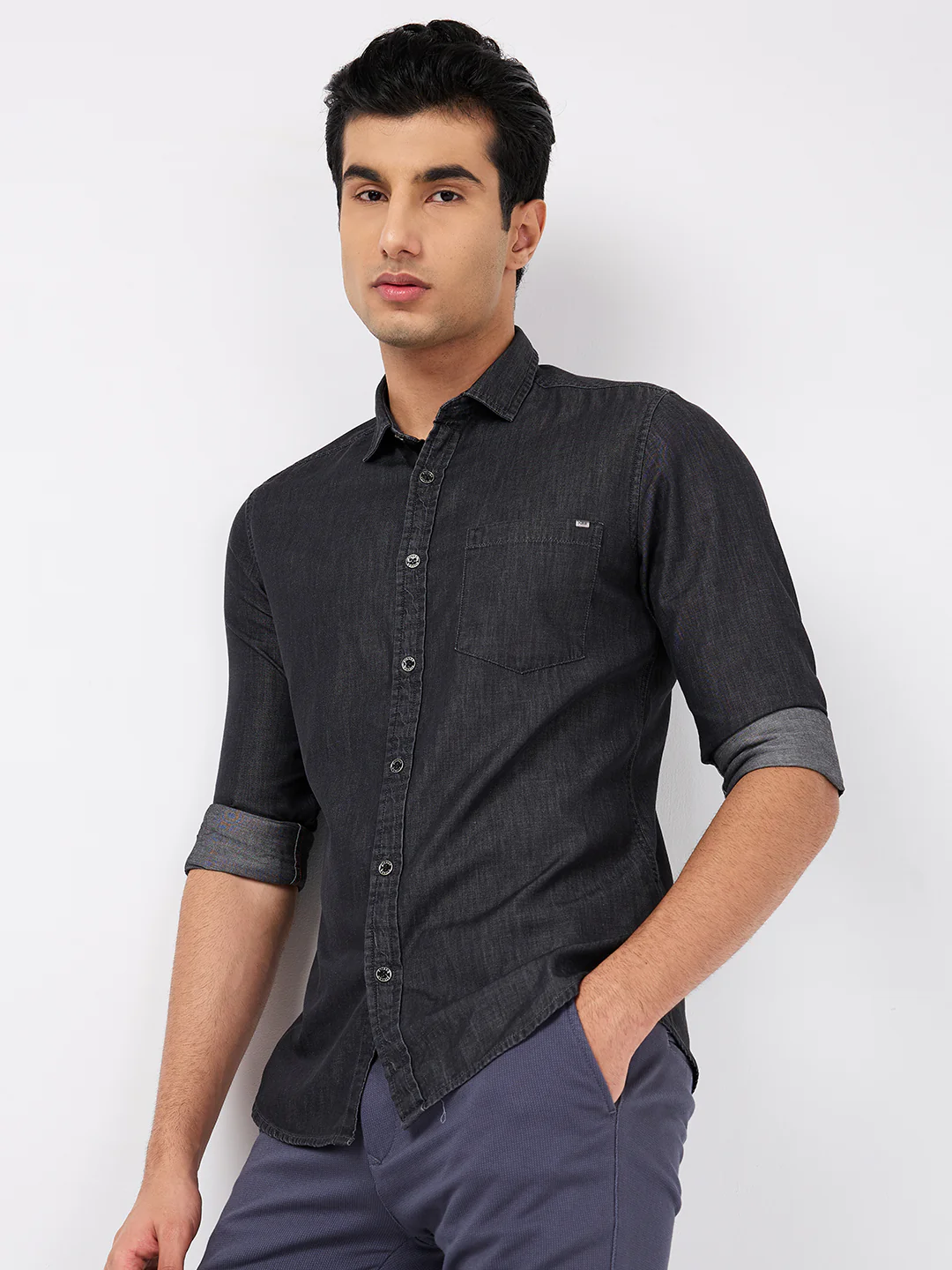 Full sleeves Slim Fit Black Dark Wash Indigo Solid Shirt - Image 6