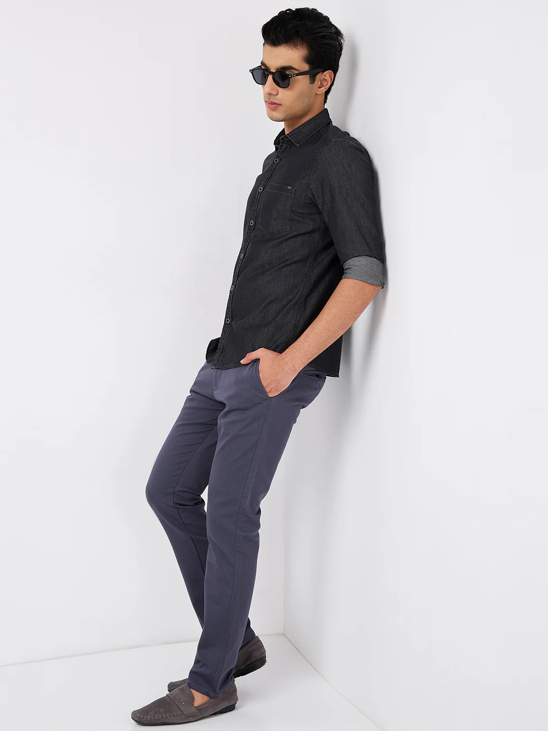 Full sleeves Slim Fit Black Dark Wash Indigo Solid Shirt - Image 8