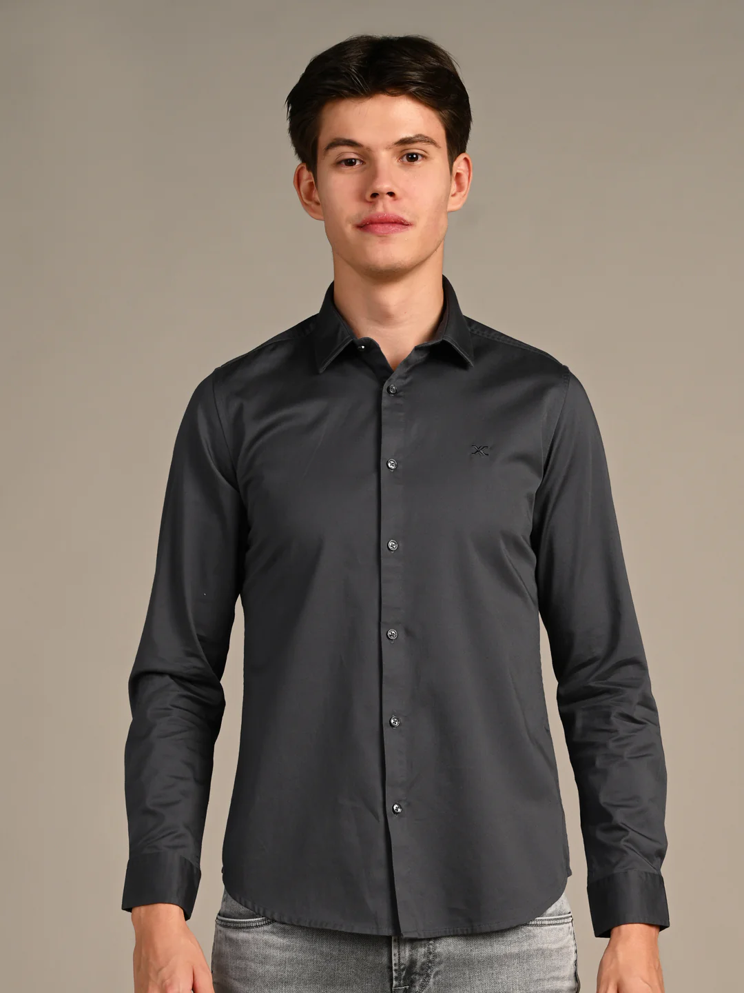 Full sleeves Slim Fit Slate Grey Premium Satin Solid Shirt - Image 4