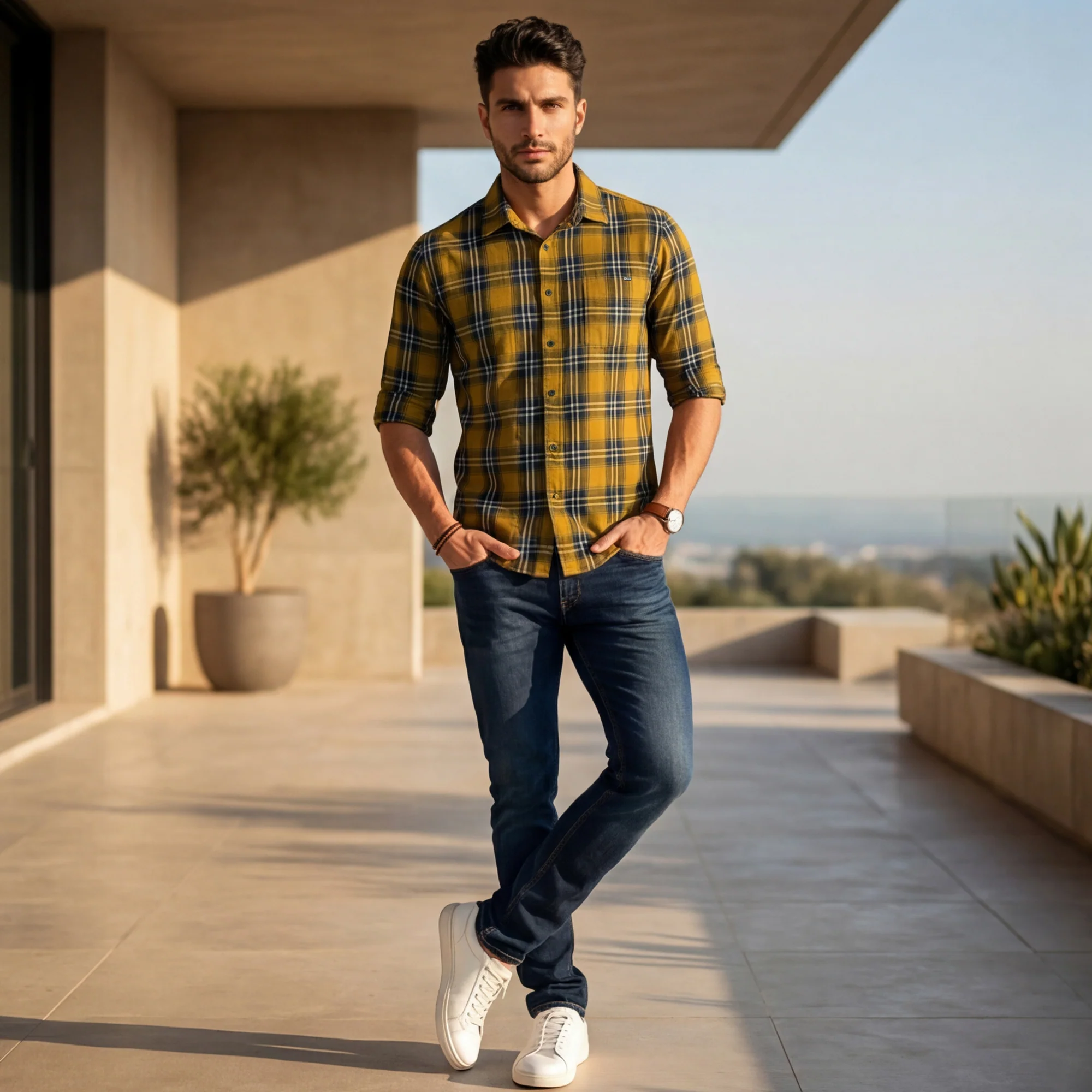 Full Sleeves Slim Fit Mustard Structure Checks Shirt