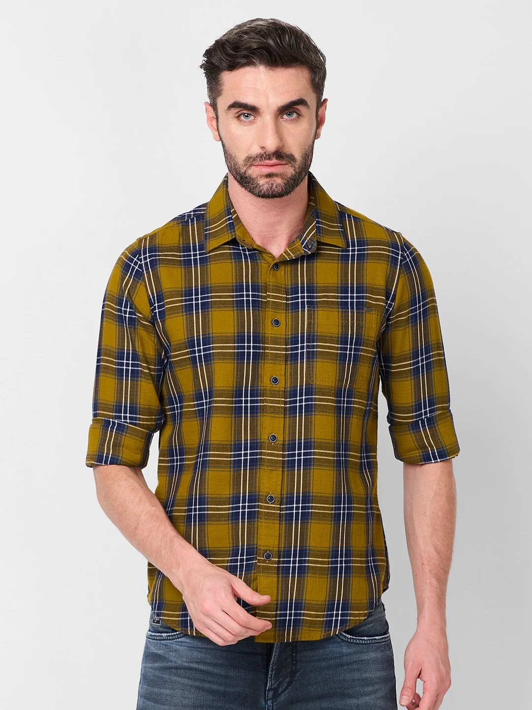 Full Sleeves Slim Fit Mustard Structure Checks Shirt - Image 3