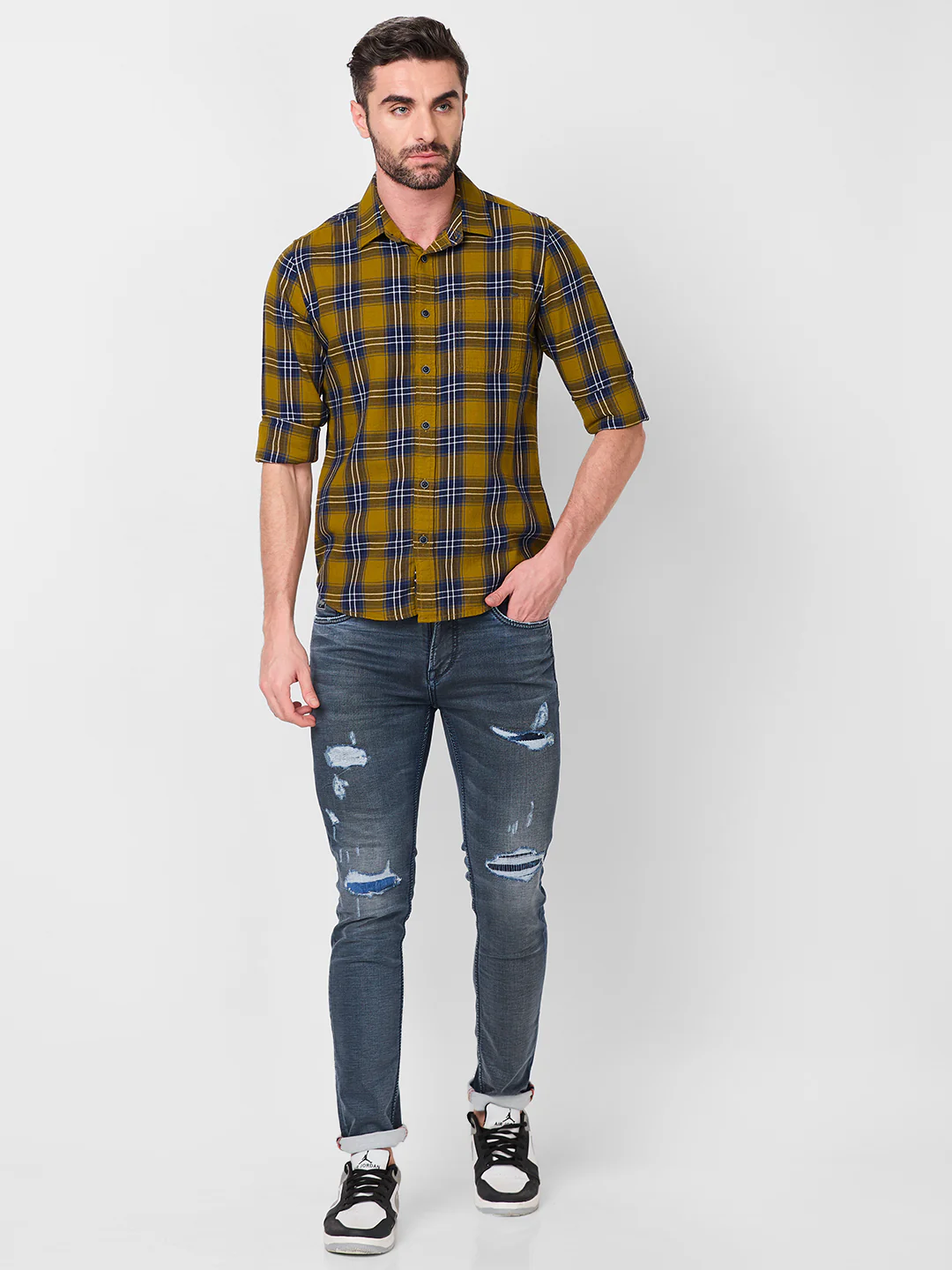 Full Sleeves Slim Fit Mustard Structure Checks Shirt - Image 7