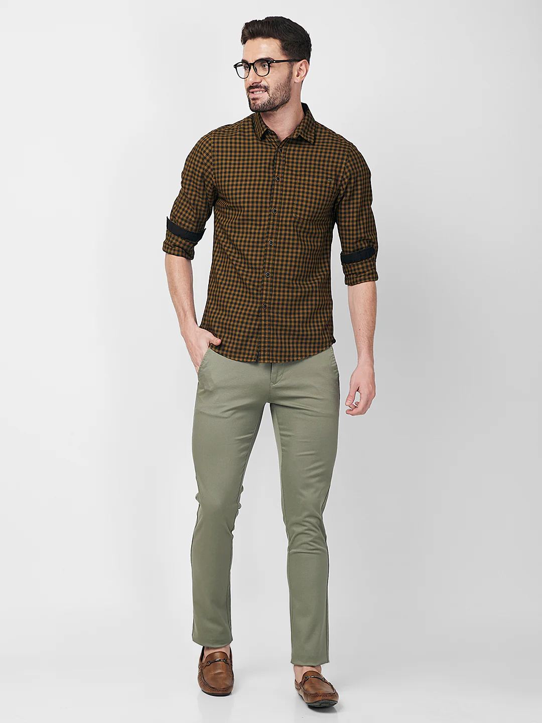 Full sleeves Slim Fit Dark Mustard Over-Dyed Gingham Checks Shirt - Image 7