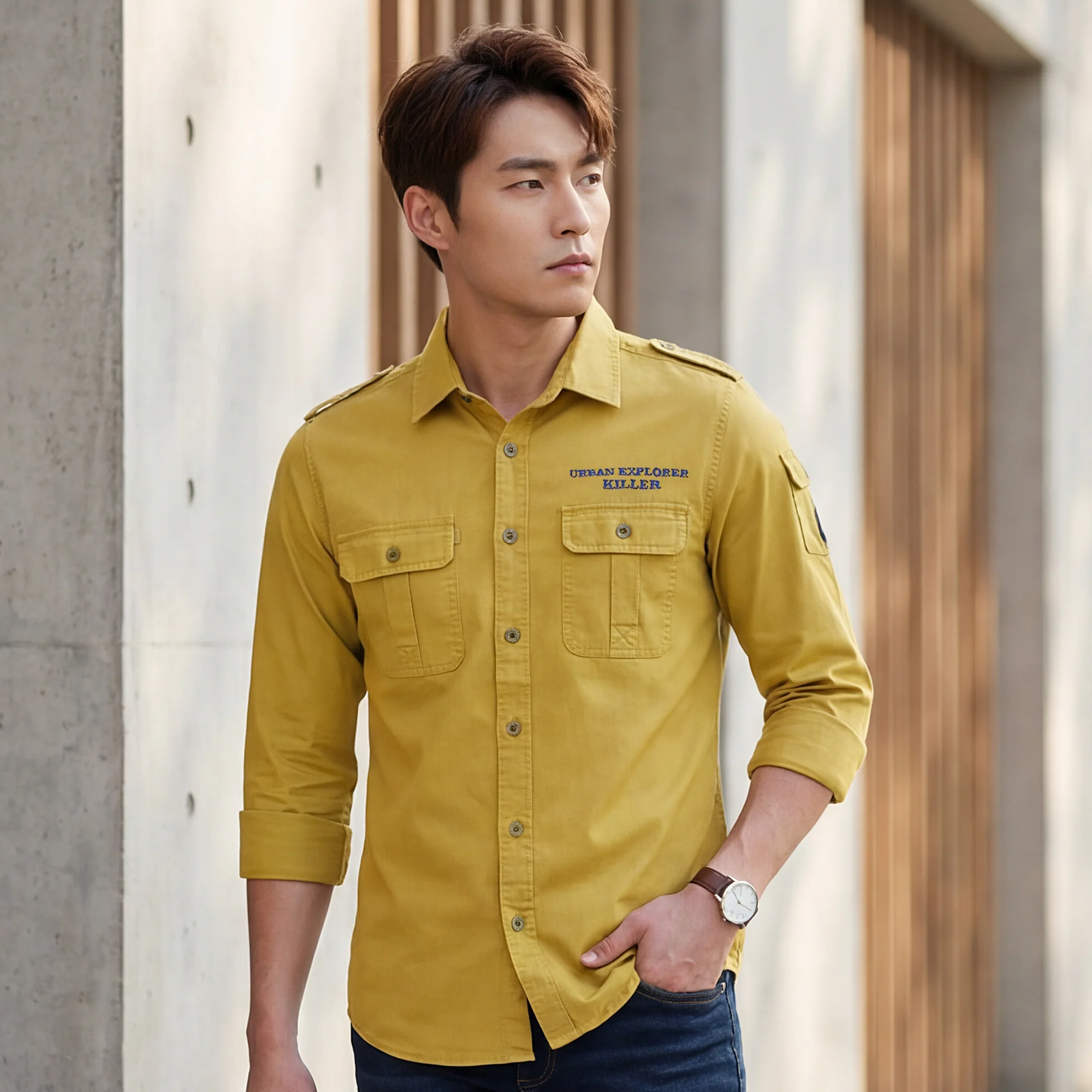 Full sleeves Slim Fit Mustard Washed Double Pocket Cargo Solid Shirt - Image 2