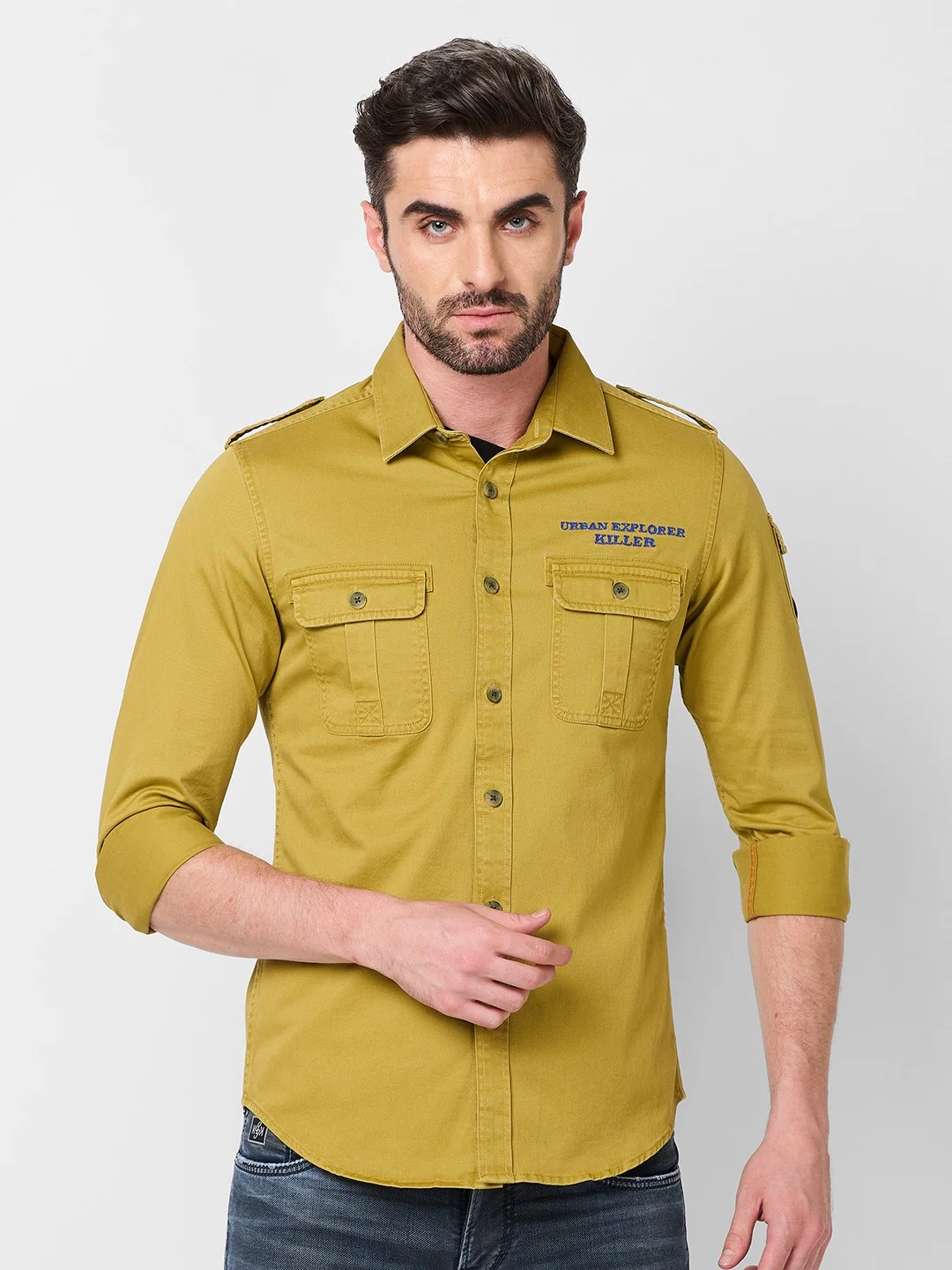 Full sleeves Slim Fit Mustard Washed Double Pocket Cargo Solid Shirt - Image 3