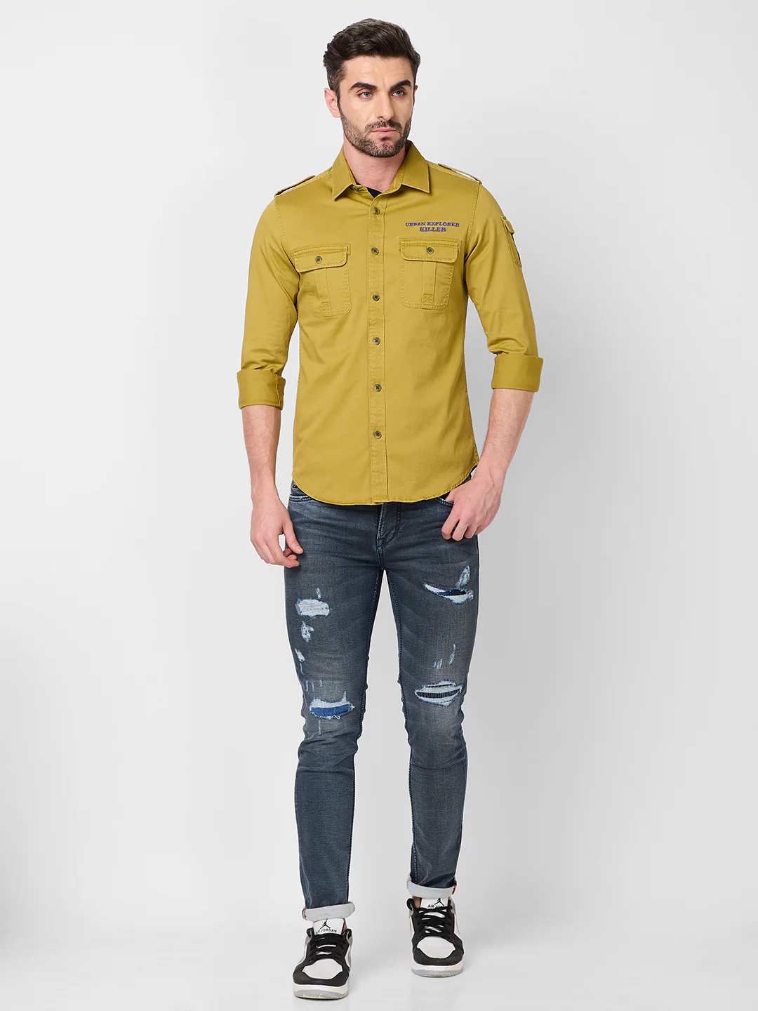 Full sleeves Slim Fit Mustard Washed Double Pocket Cargo Solid Shirt - Image 4