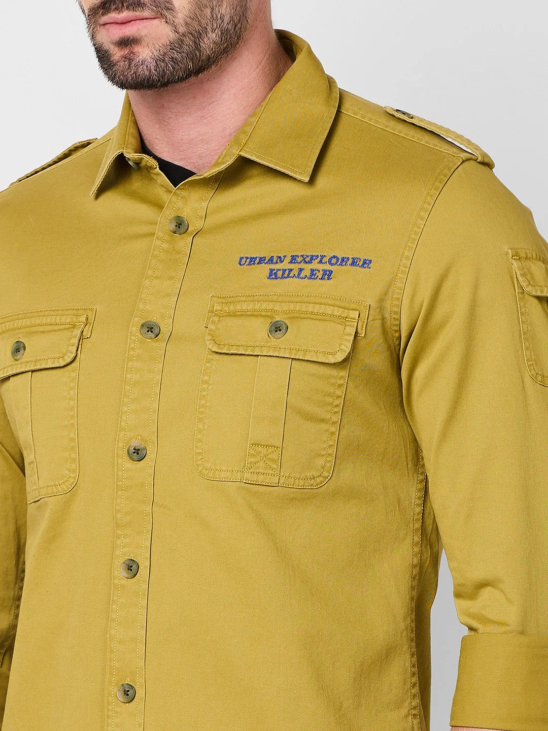 Full sleeves Slim Fit Mustard Washed Double Pocket Cargo Solid Shirt - Image 7