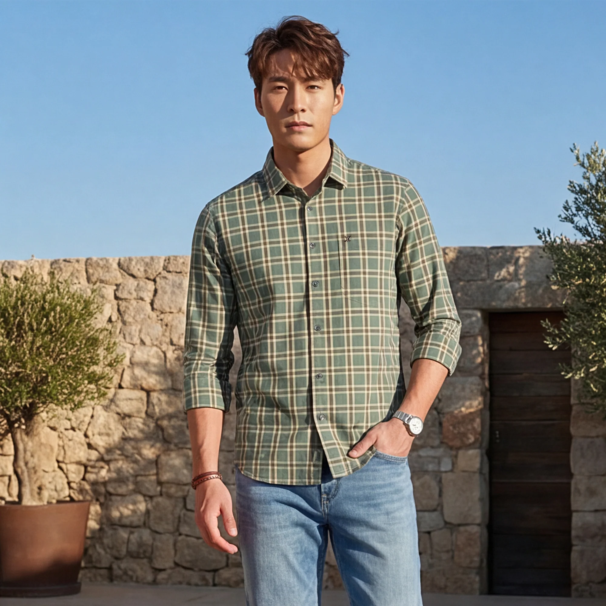 Full Sleeves Slim Fit Sage Green Checks Shirt - Image 2