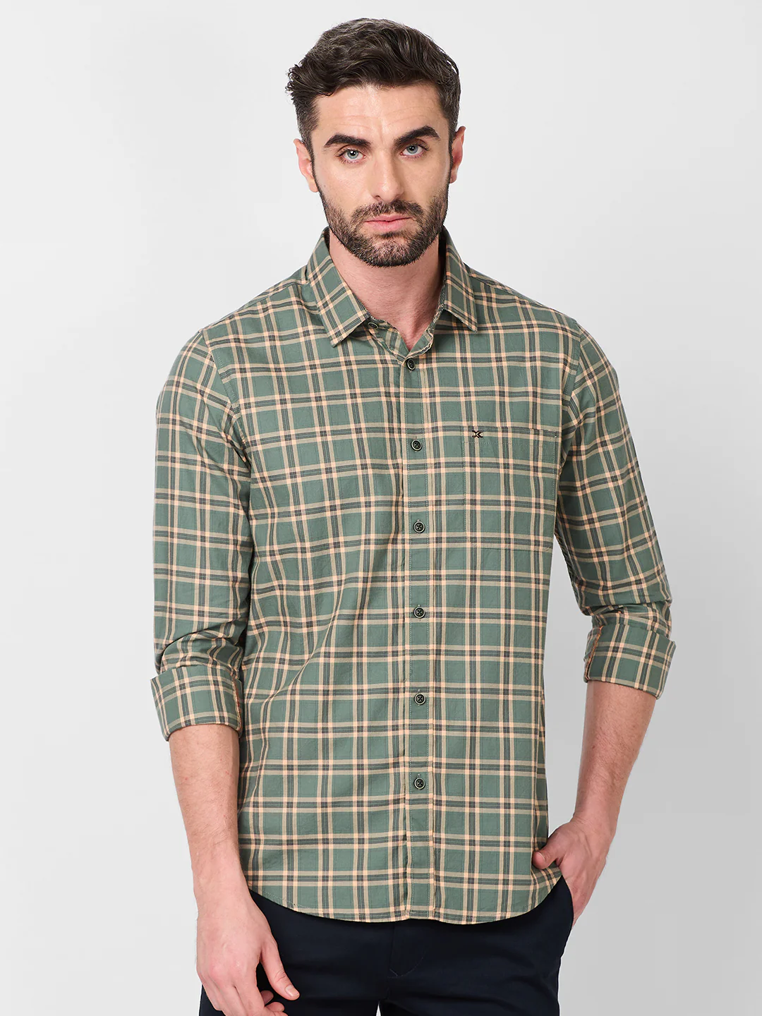 Full Sleeves Slim Fit Sage Green Checks Shirt - Image 3