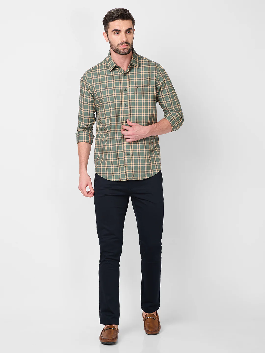 Full Sleeves Slim Fit Sage Green Checks Shirt - Image 4