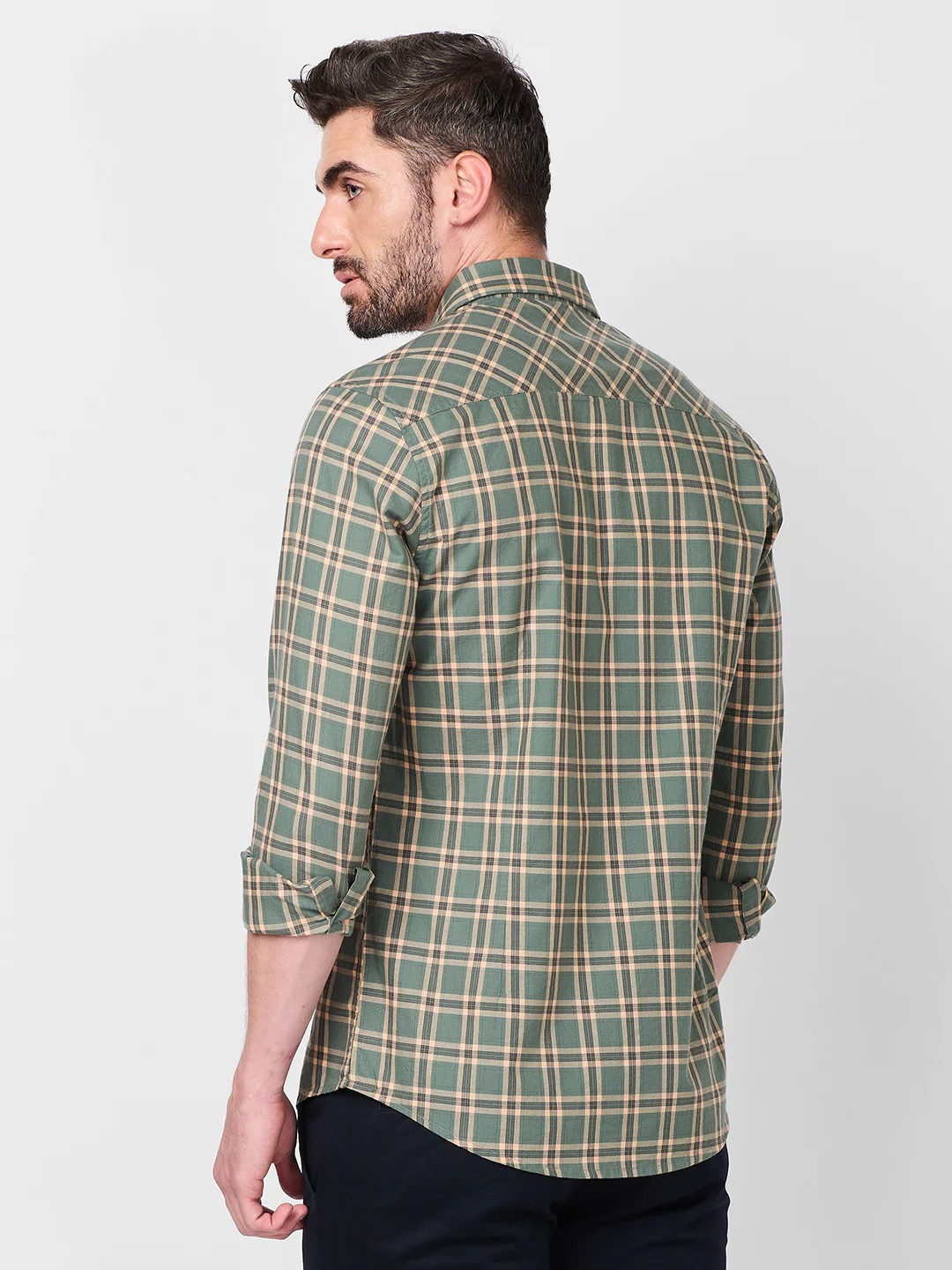 Full Sleeves Slim Fit Sage Green Checks Shirt - Image 5