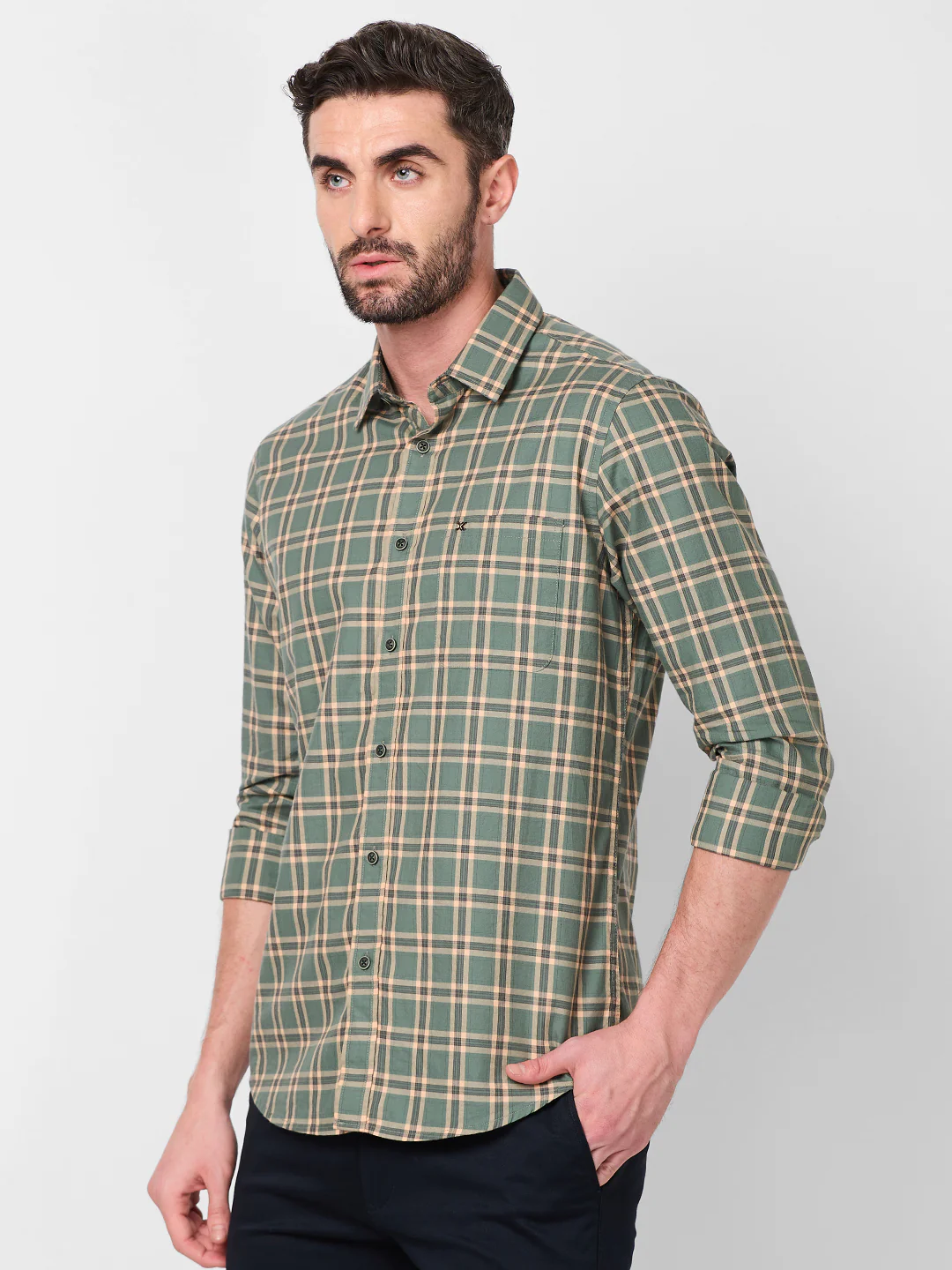 Full Sleeves Slim Fit Sage Green Checks Shirt - Image 6