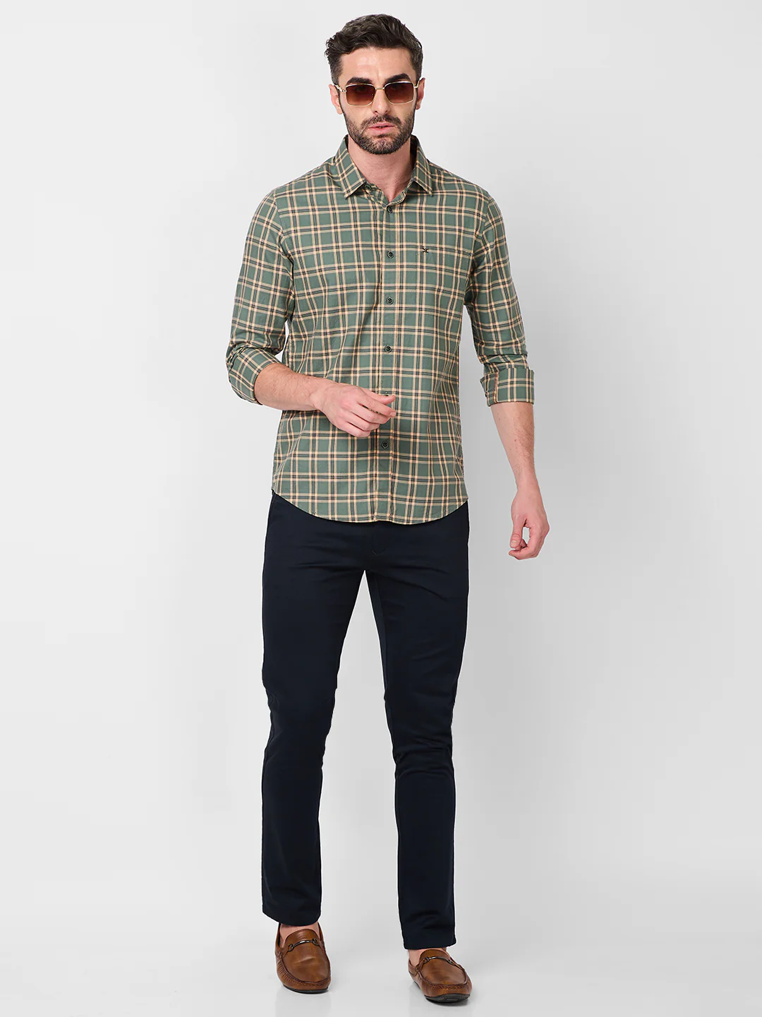 Full Sleeves Slim Fit Sage Green Checks Shirt - Image 8