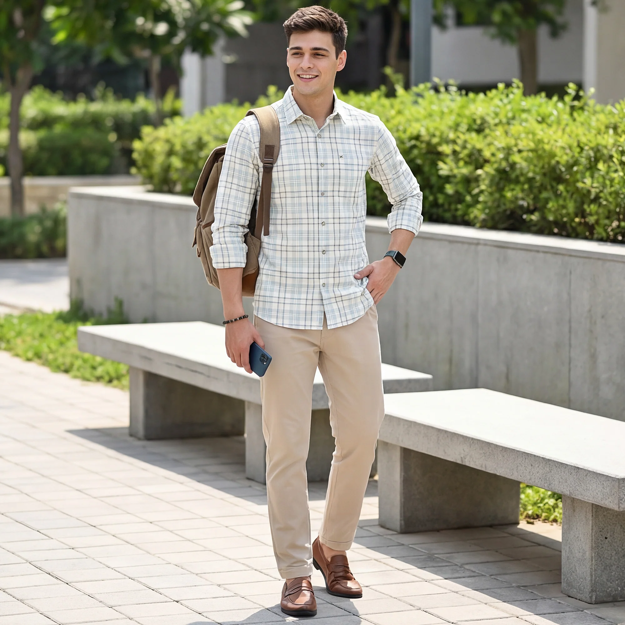 Full Sleeves Slim Fit GreenDobby Structure Checks Shirt