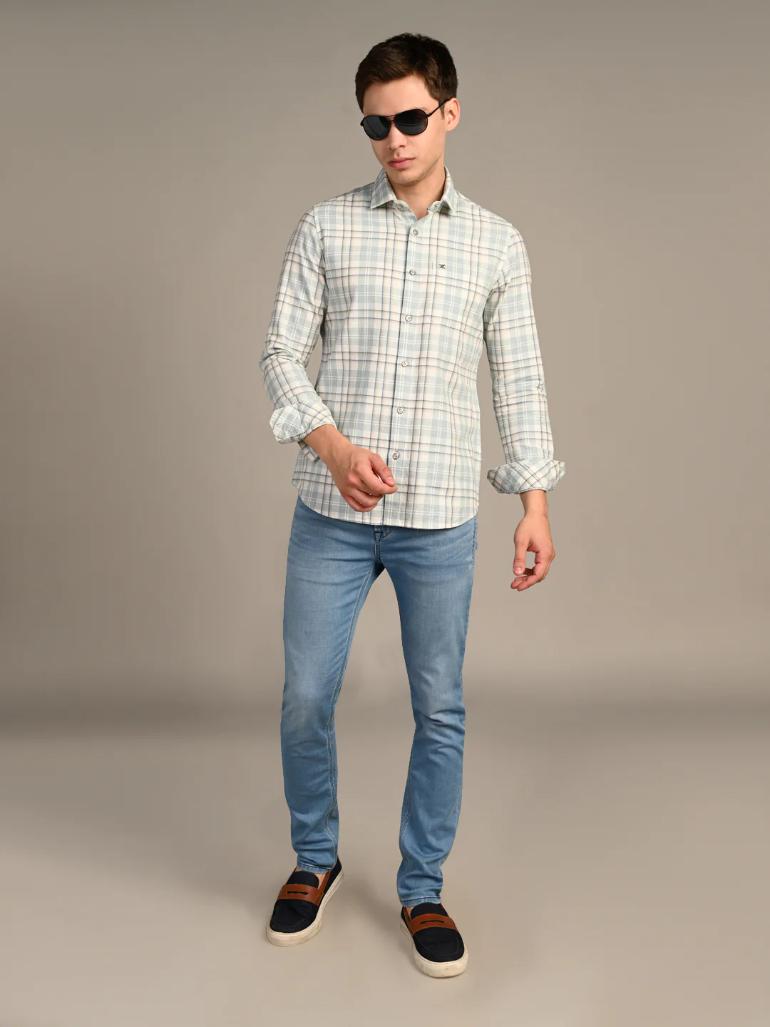 Full Sleeves Slim Fit GreenDobby Structure Checks Shirt - Image 3