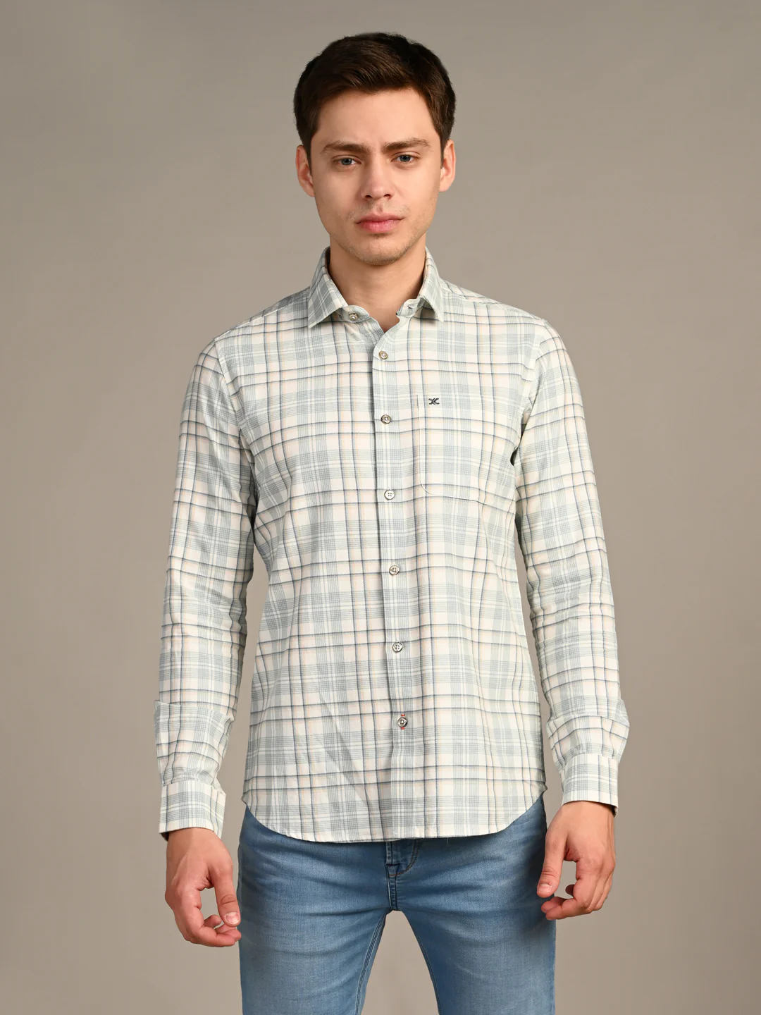 Full Sleeves Slim Fit GreenDobby Structure Checks Shirt - Image 4