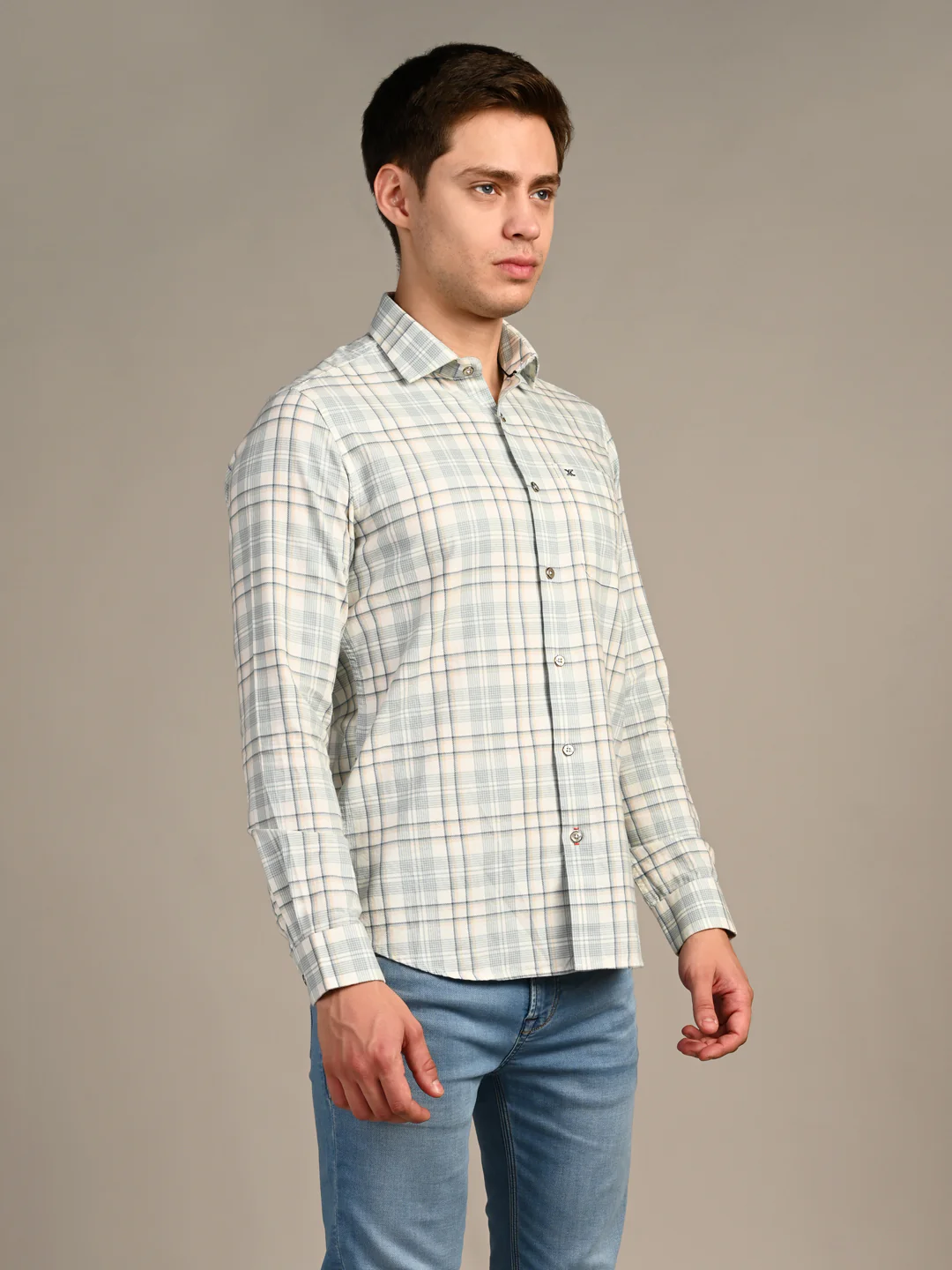 Full Sleeves Slim Fit GreenDobby Structure Checks Shirt - Image 5