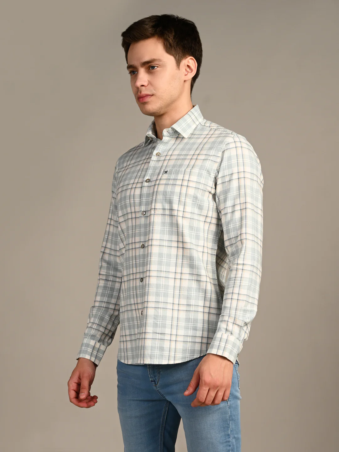 Full Sleeves Slim Fit GreenDobby Structure Checks Shirt - Image 6