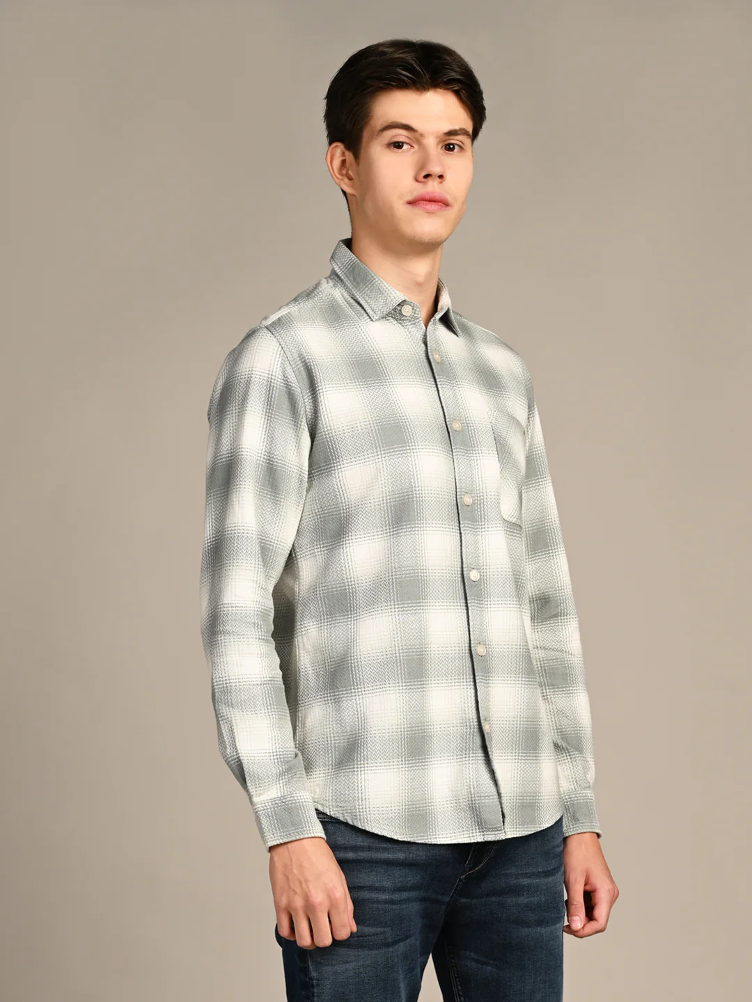 Full Sleeves Slim Fit Dusty Pista Dobby Textured Checks Shirt - Image 5