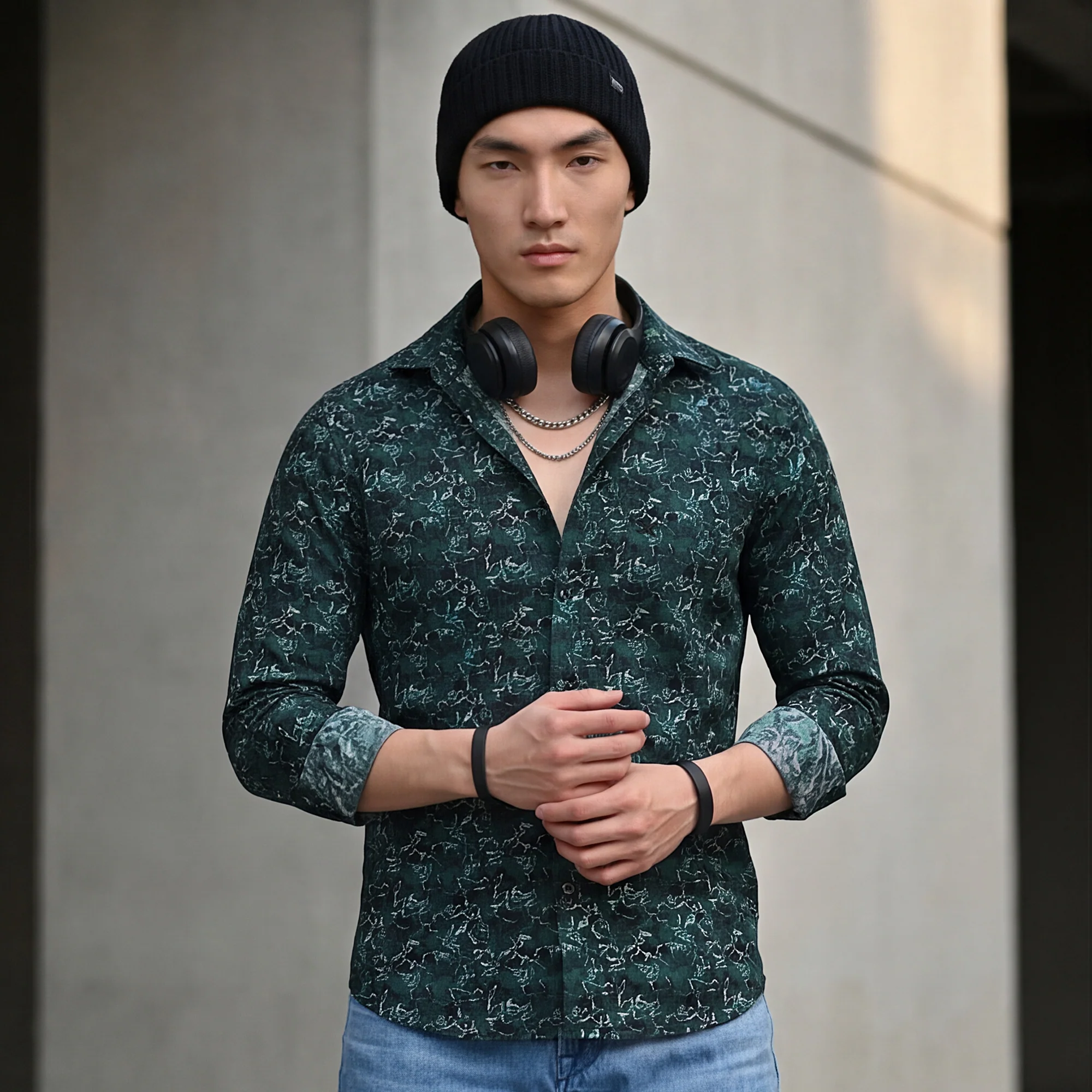 Full Sleeves SlimFit Green All-Over Abstract Rose Outline Print Shirt - Image 2