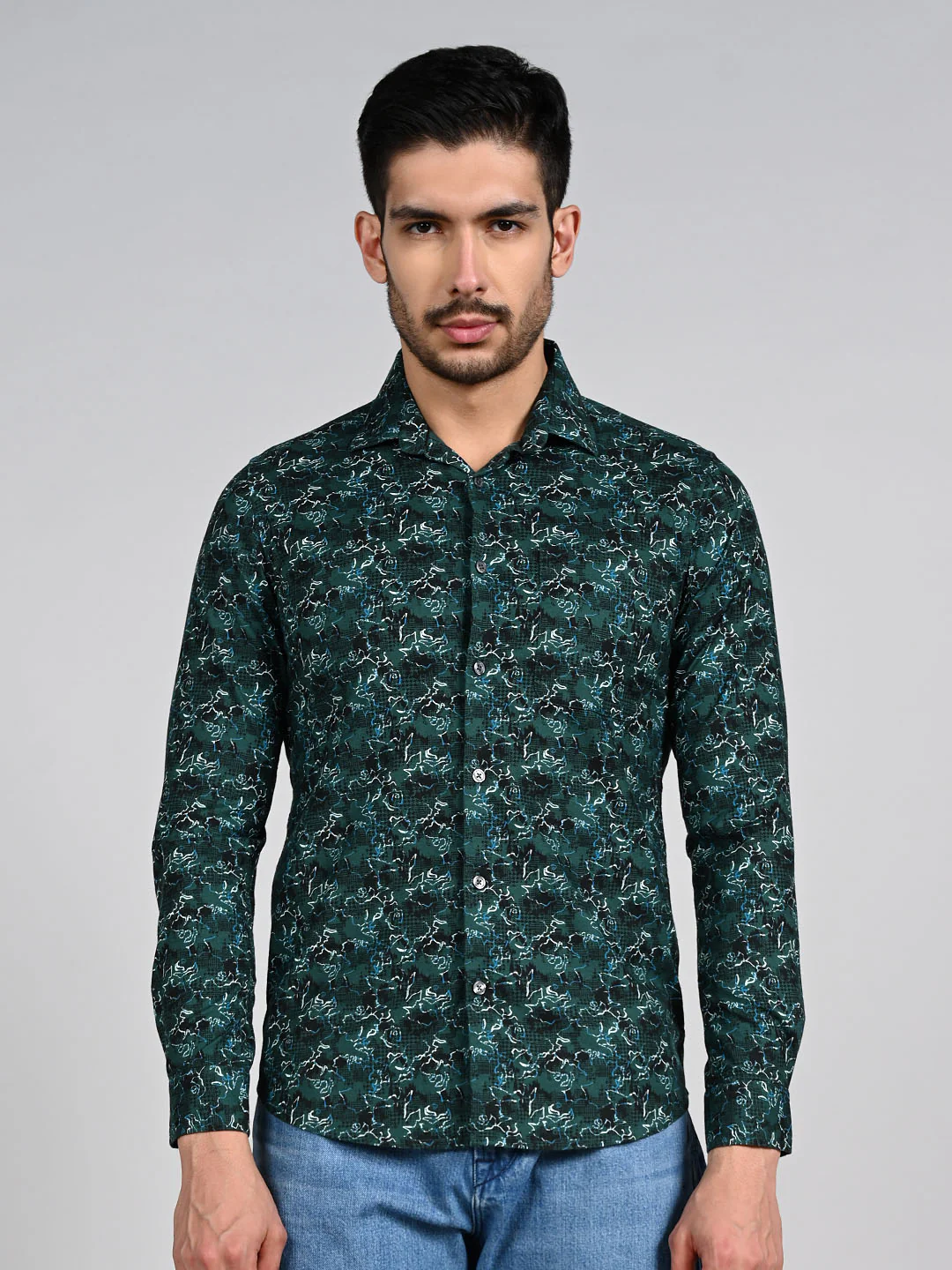 Full Sleeves SlimFit Green All-Over Abstract Rose Outline Print Shirt - Image 4
