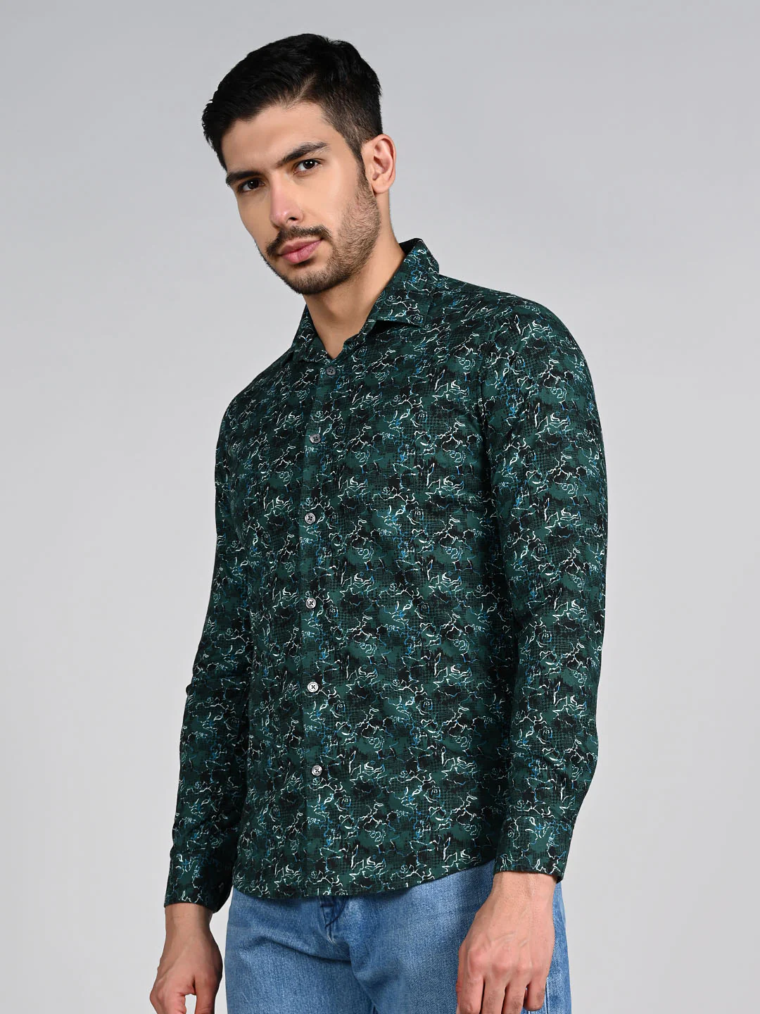 Full Sleeves SlimFit Green All-Over Abstract Rose Outline Print Shirt - Image 5