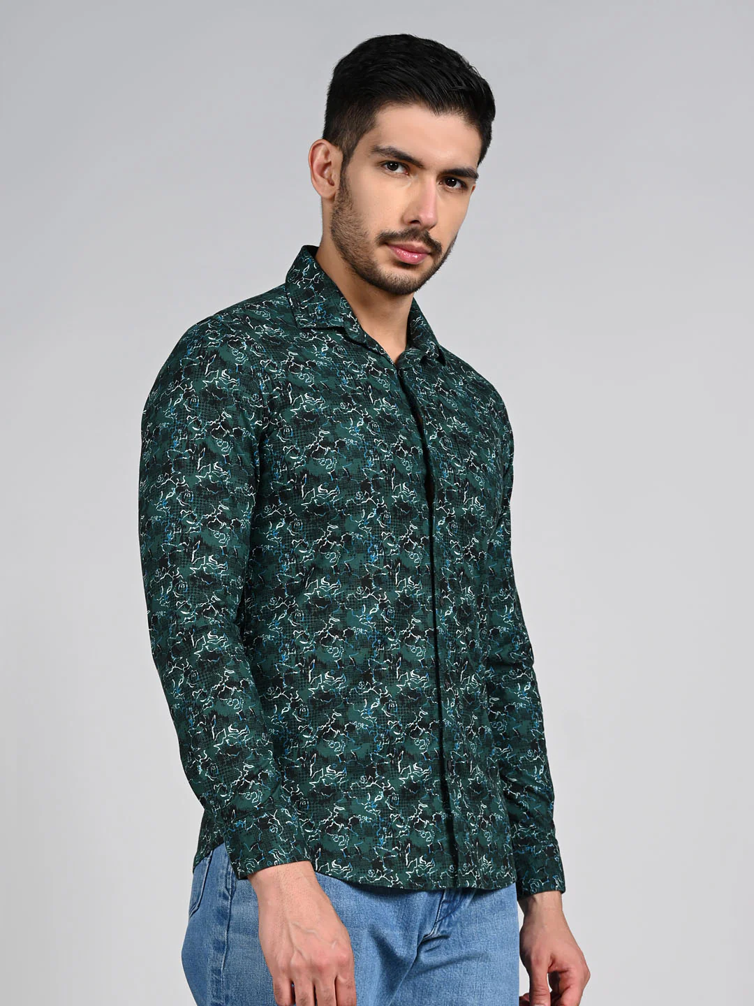 Full Sleeves SlimFit Green All-Over Abstract Rose Outline Print Shirt - Image 6
