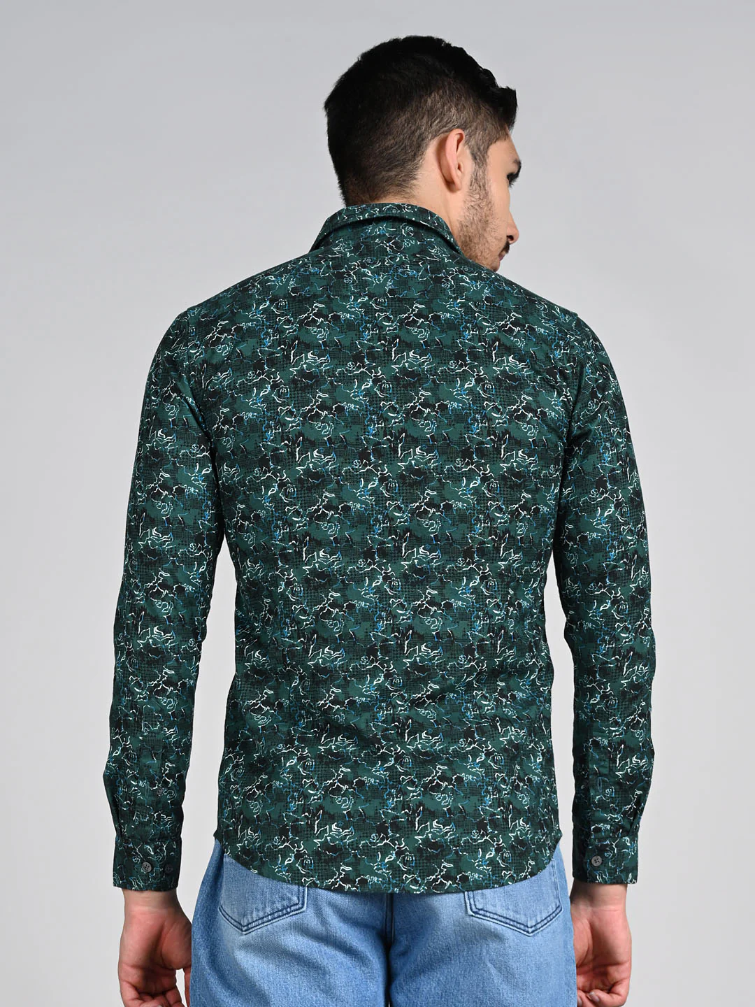 Full Sleeves SlimFit Green All-Over Abstract Rose Outline Print Shirt - Image 7