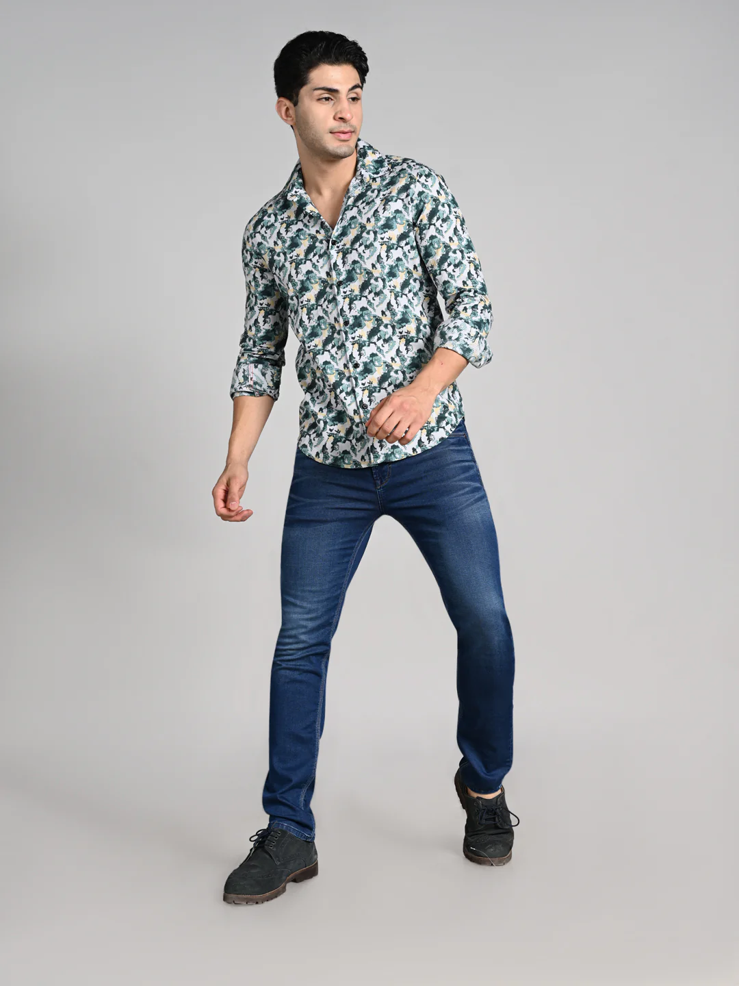 Full sleeves Slim Fit Green All-Over Camou Waffle Dobby Print Shirt - Image 3