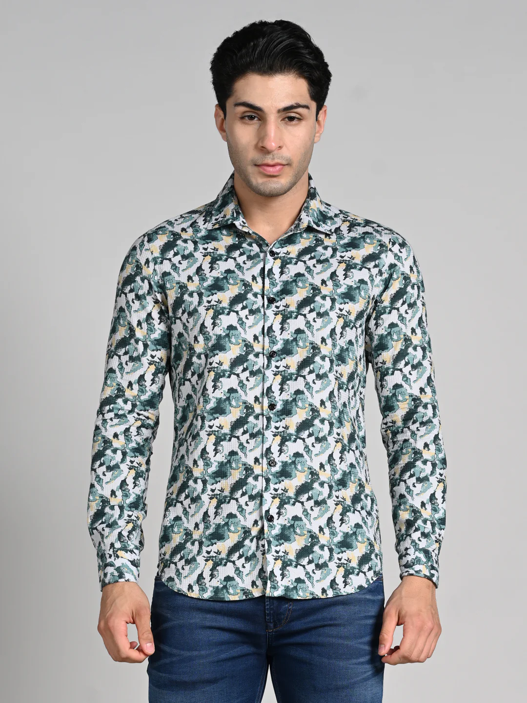 Full sleeves Slim Fit Green All-Over Camou Waffle Dobby Print Shirt - Image 4