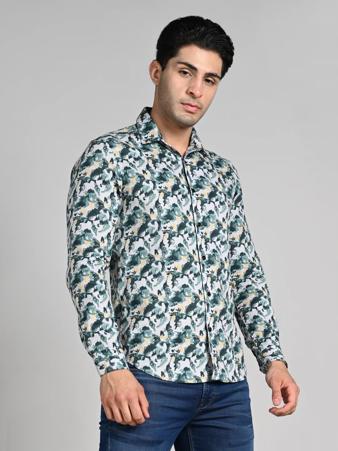 Full sleeves Slim Fit Green All-Over Camou Waffle Dobby Print Shirt - Image 5