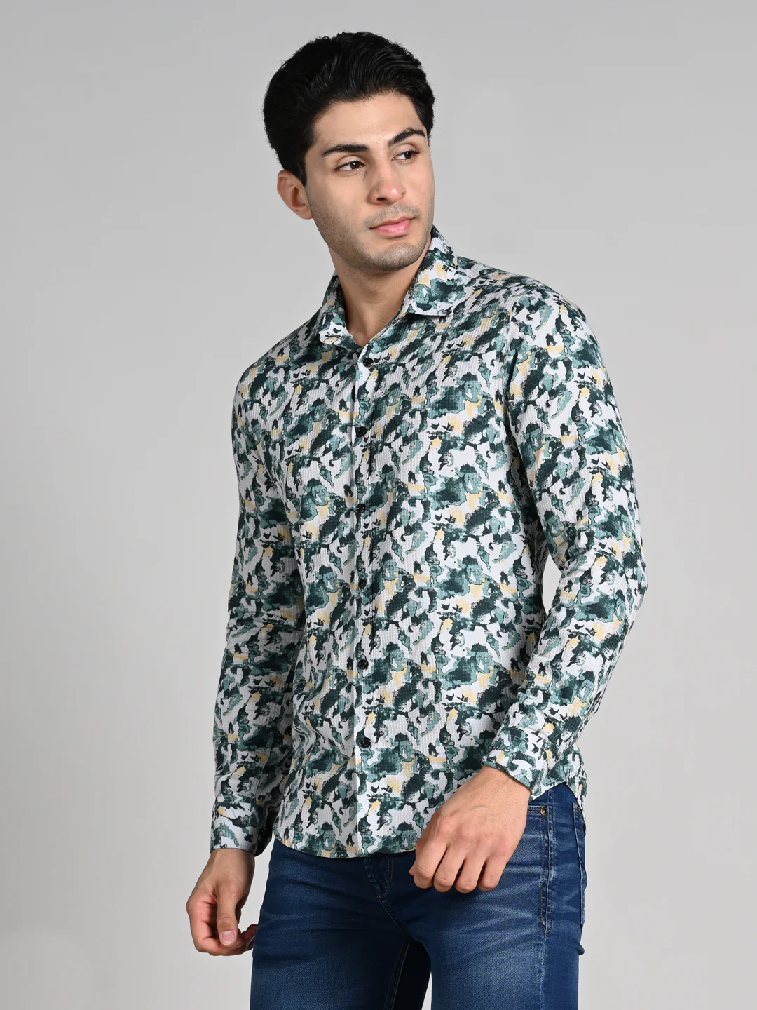 Full sleeves Slim Fit Green All-Over Camou Waffle Dobby Print Shirt - Image 6