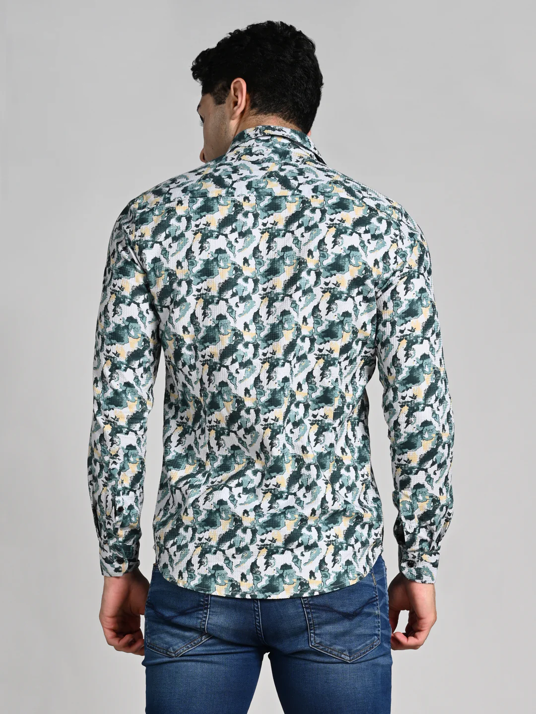 Full sleeves Slim Fit Green All-Over Camou Waffle Dobby Print Shirt - Image 7