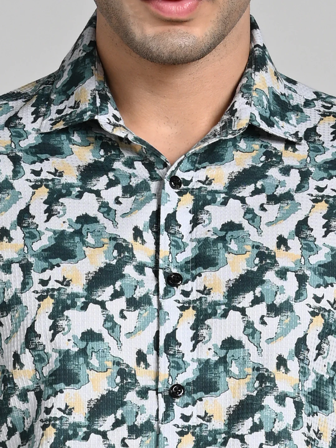 Full sleeves Slim Fit Green All-Over Camou Waffle Dobby Print Shirt - Image 8
