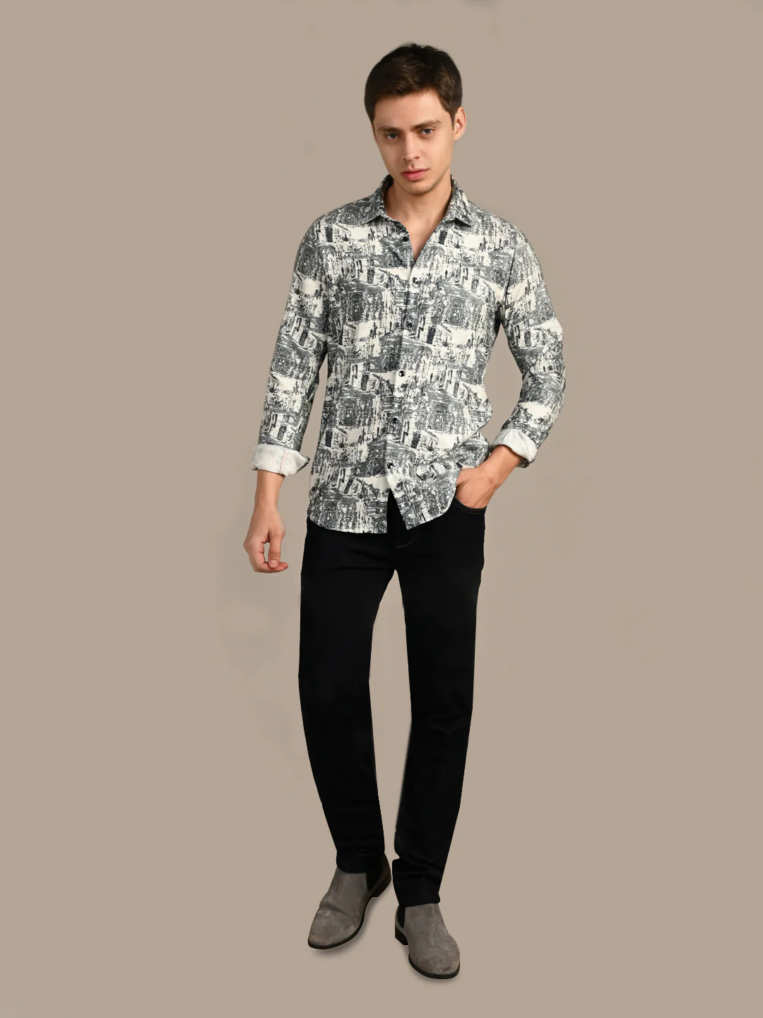 Full Sleeves Slim Fit Green Micro Cord Print Shirt - Image 3