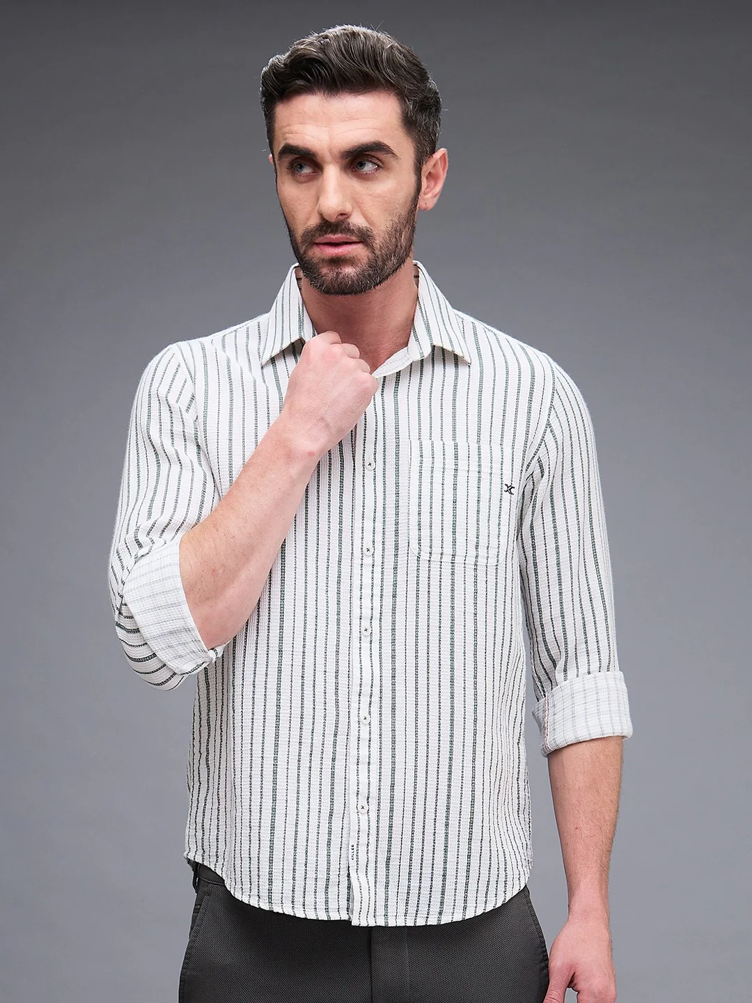 Full sleeves Slim Fit Green Dobby Structure Printed Stripe Shirt - Image 3