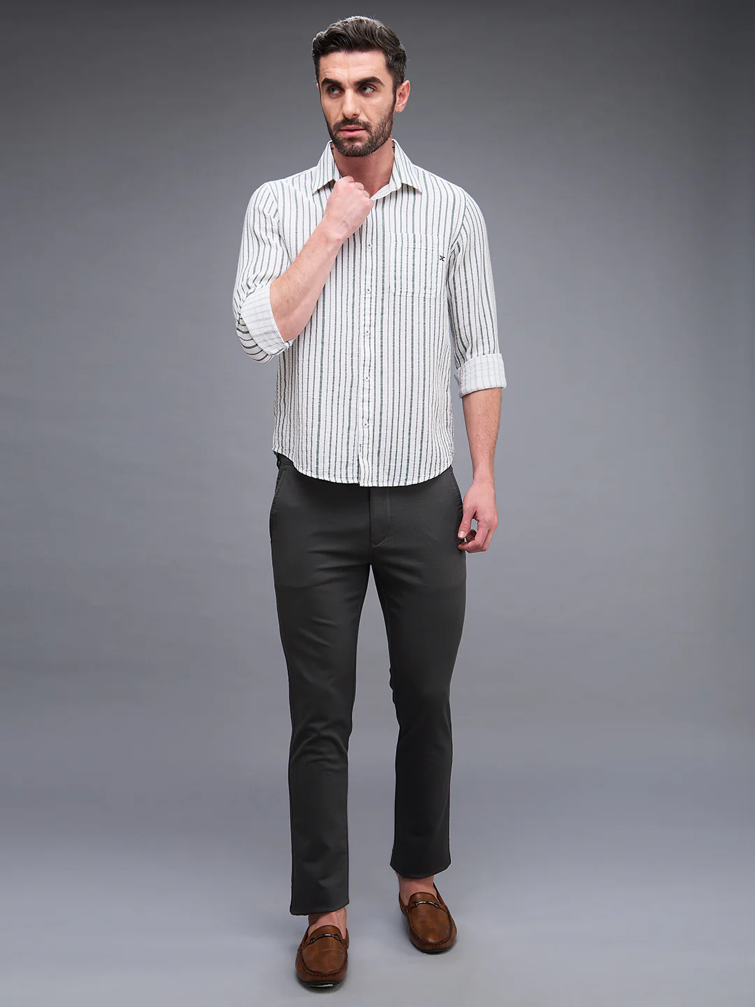 Full sleeves Slim Fit Green Dobby Structure Printed Stripe Shirt - Image 4