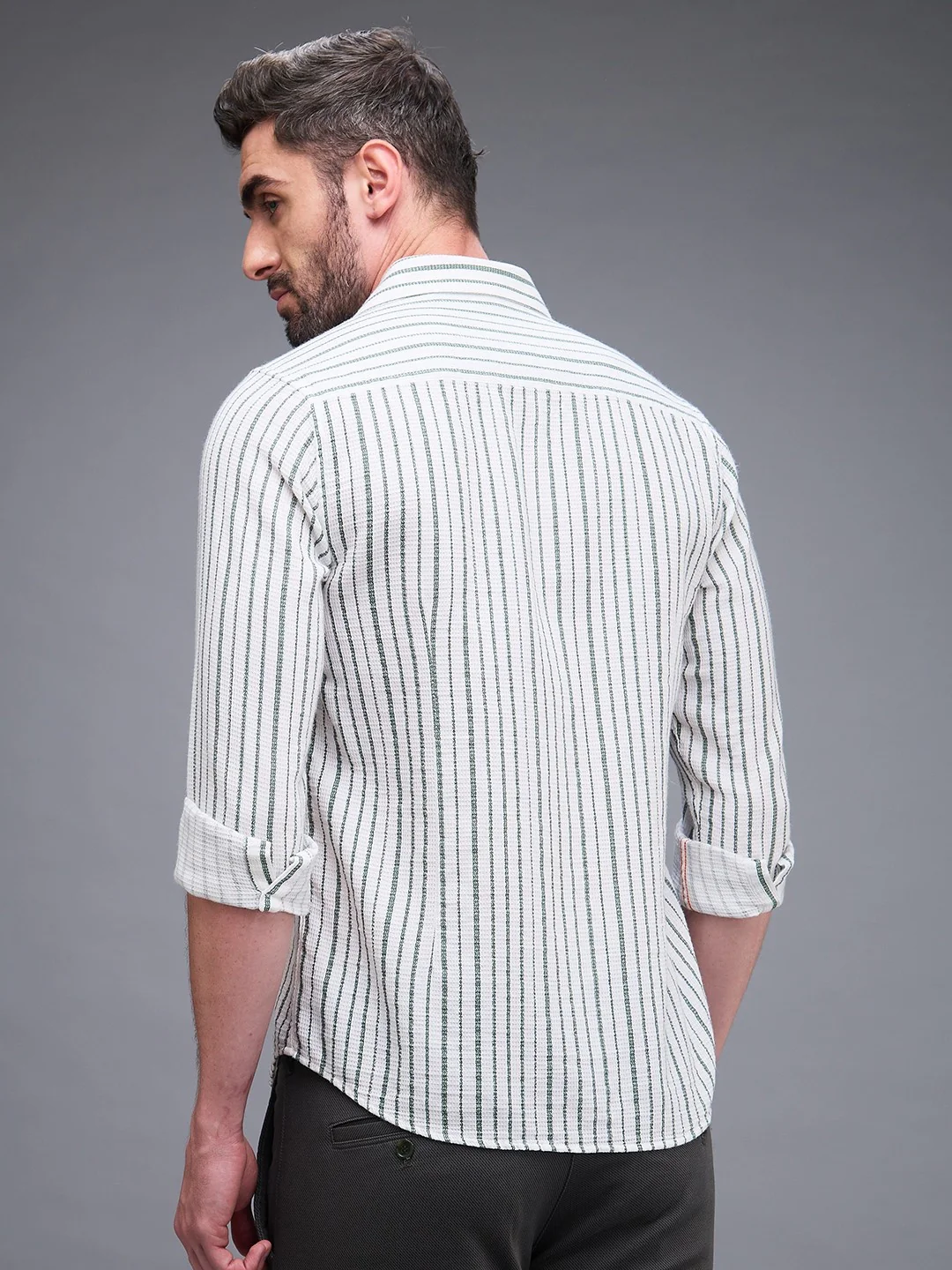 Full sleeves Slim Fit Green Dobby Structure Printed Stripe Shirt - Image 5