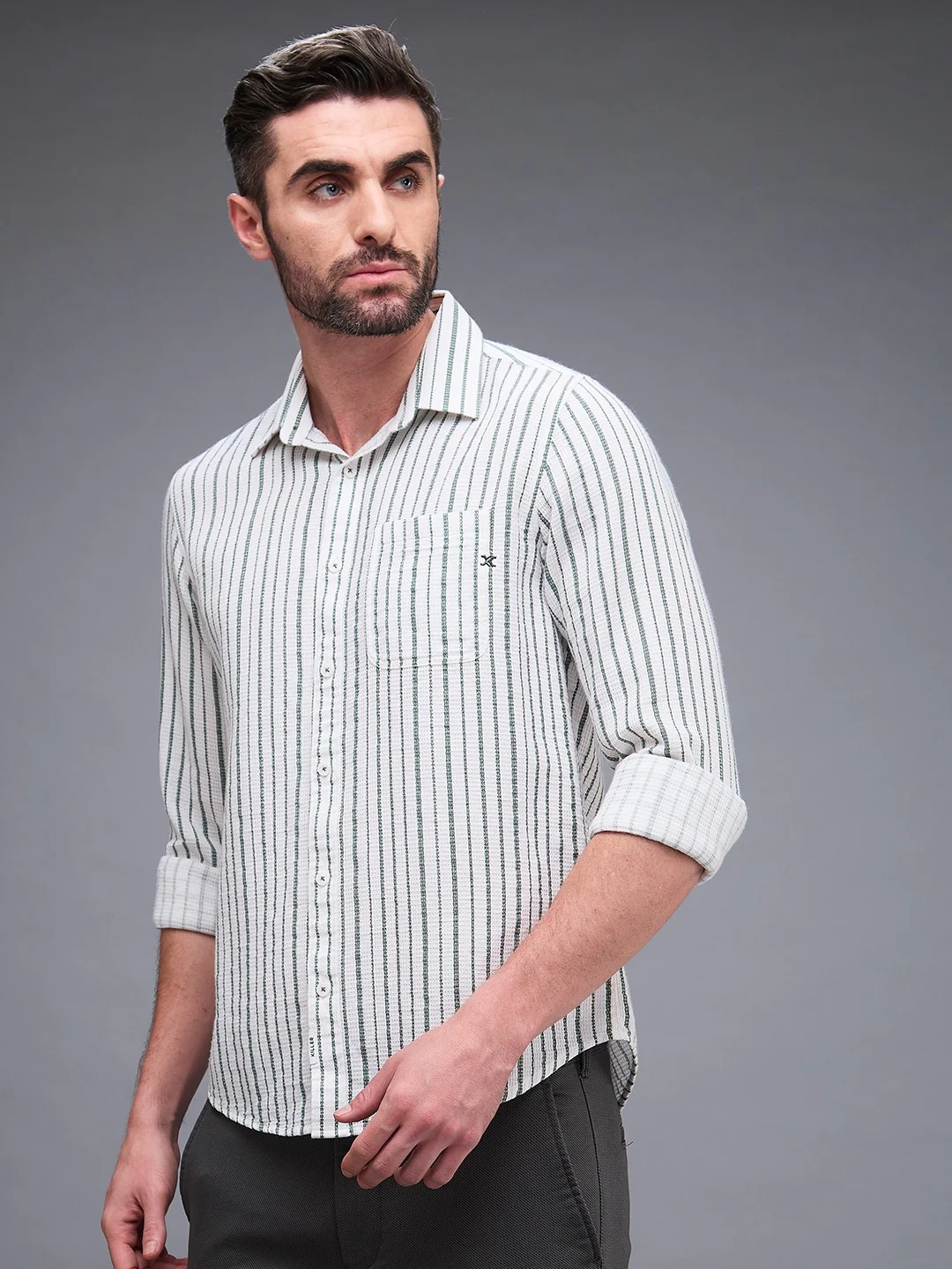 Full sleeves Slim Fit Green Dobby Structure Printed Stripe Shirt - Image 6