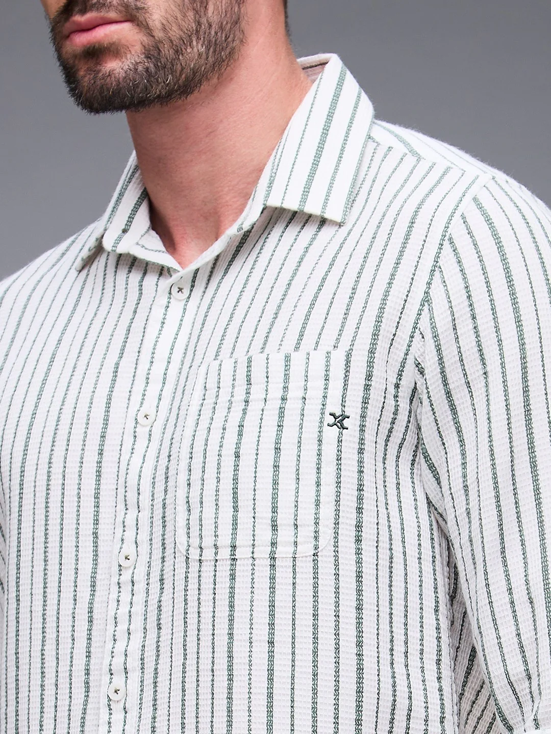 Full sleeves Slim Fit Green Dobby Structure Printed Stripe Shirt - Image 7