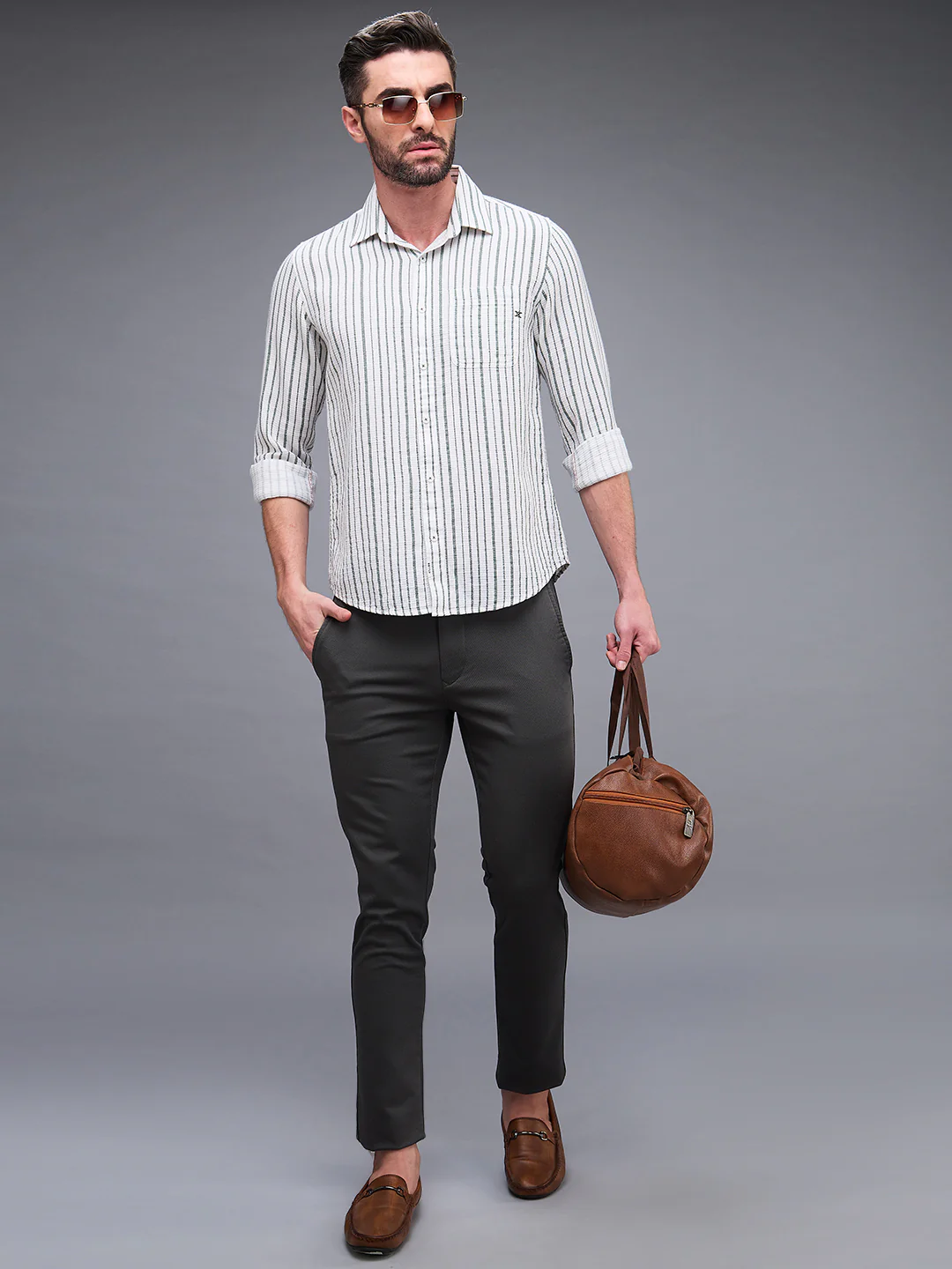 Full sleeves Slim Fit Green Dobby Structure Printed Stripe Shirt - Image 8