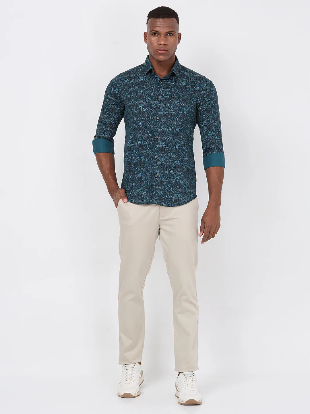 Short sleeves Slim Fit Green Abstract Ethnic Fusion Print Shirt - Image 3