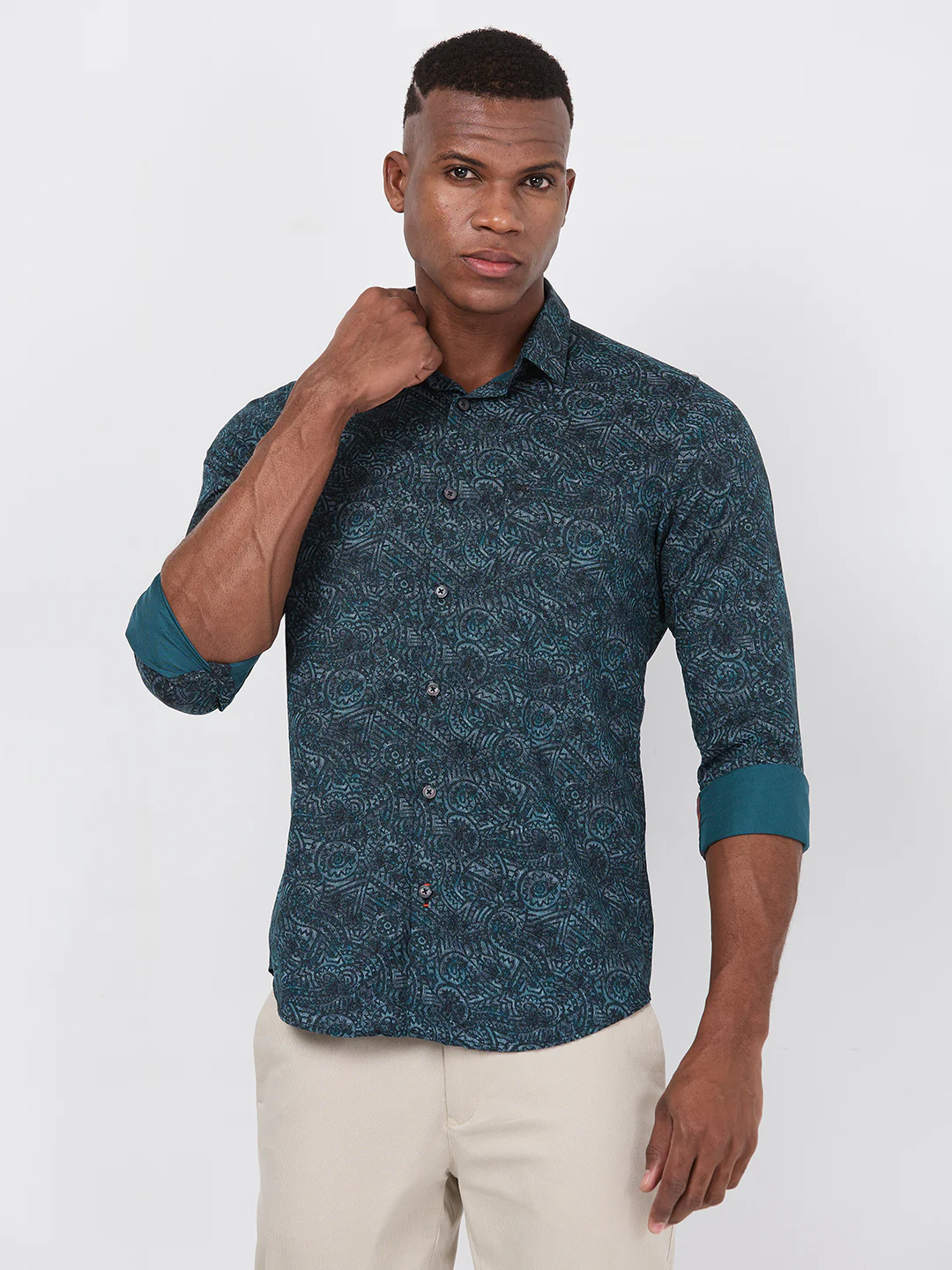 Short sleeves Slim Fit Green Abstract Ethnic Fusion Print Shirt - Image 4