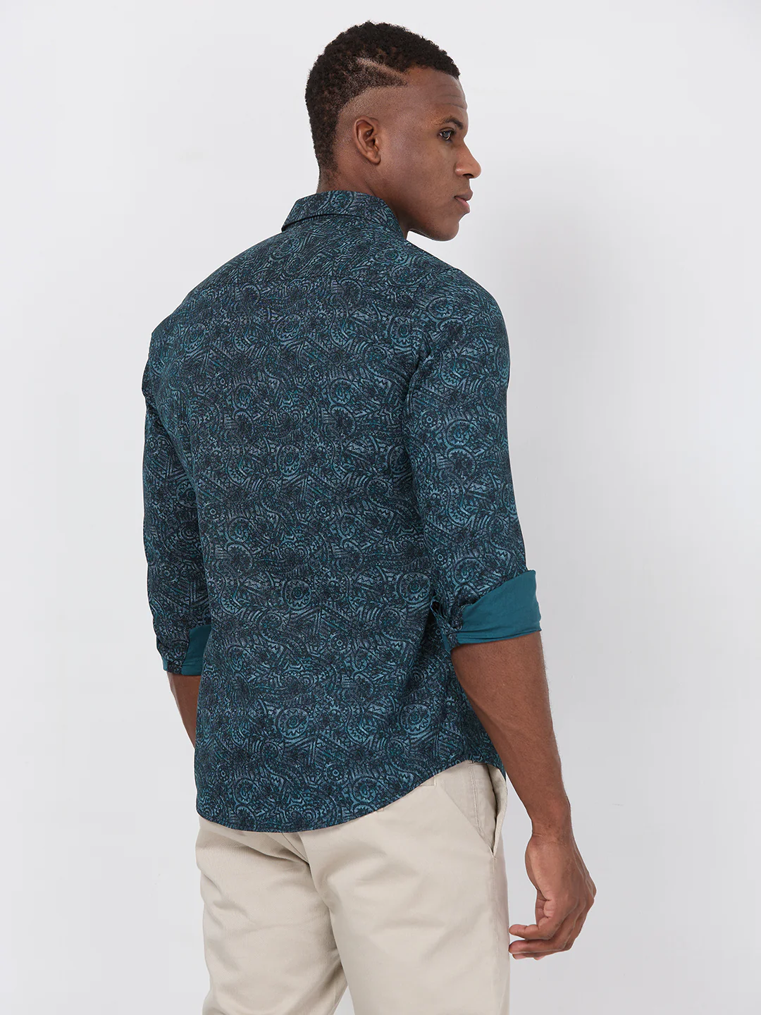 Short sleeves Slim Fit Green Abstract Ethnic Fusion Print Shirt - Image 5
