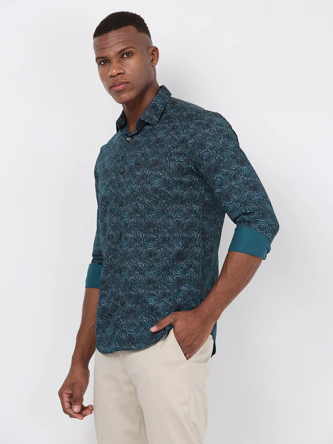 Short sleeves Slim Fit Green Abstract Ethnic Fusion Print Shirt - Image 6