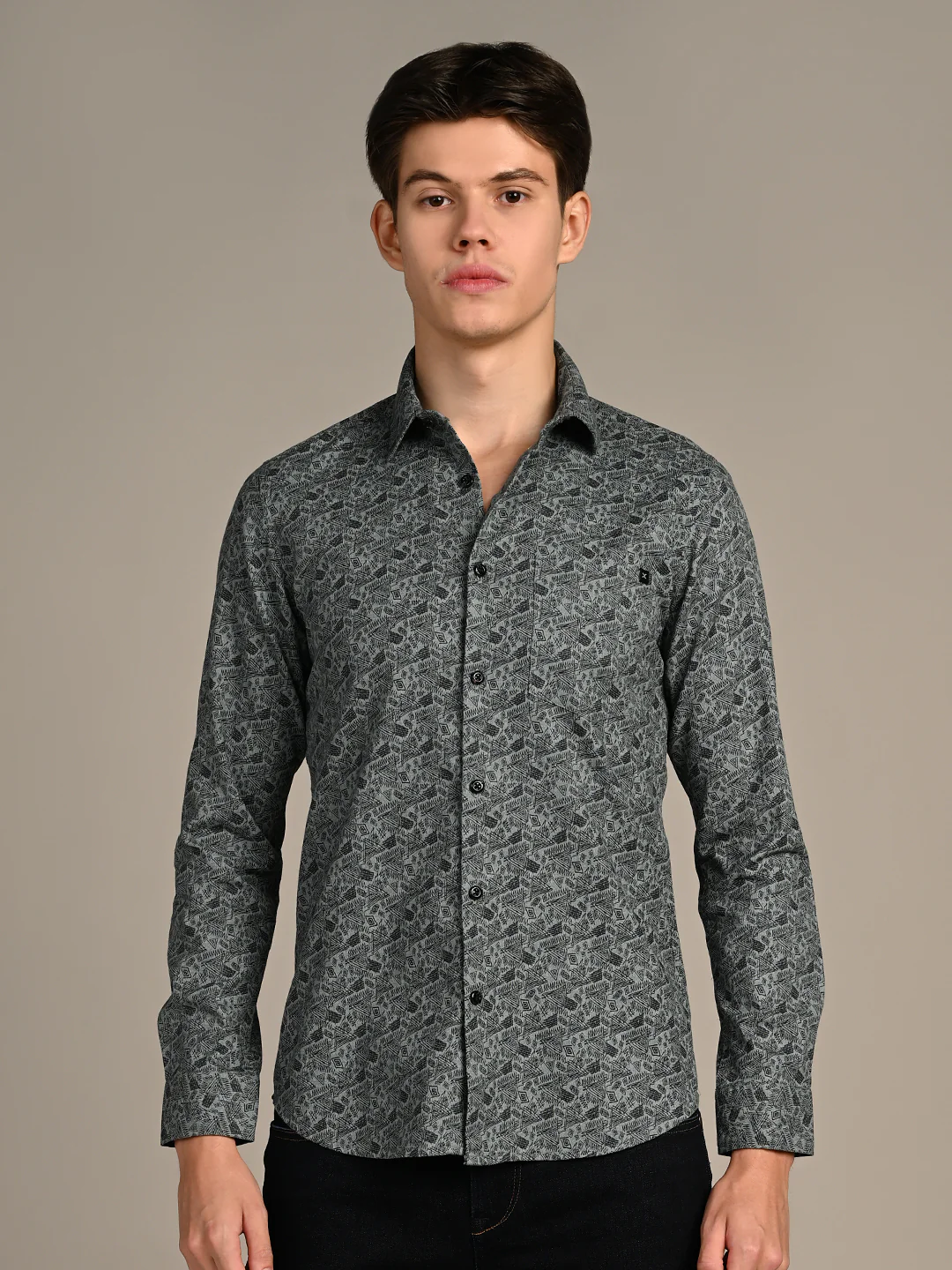 Full Sleeves Straight Fit Green All-Over Abstract Geometric Print Shirt - Image 4